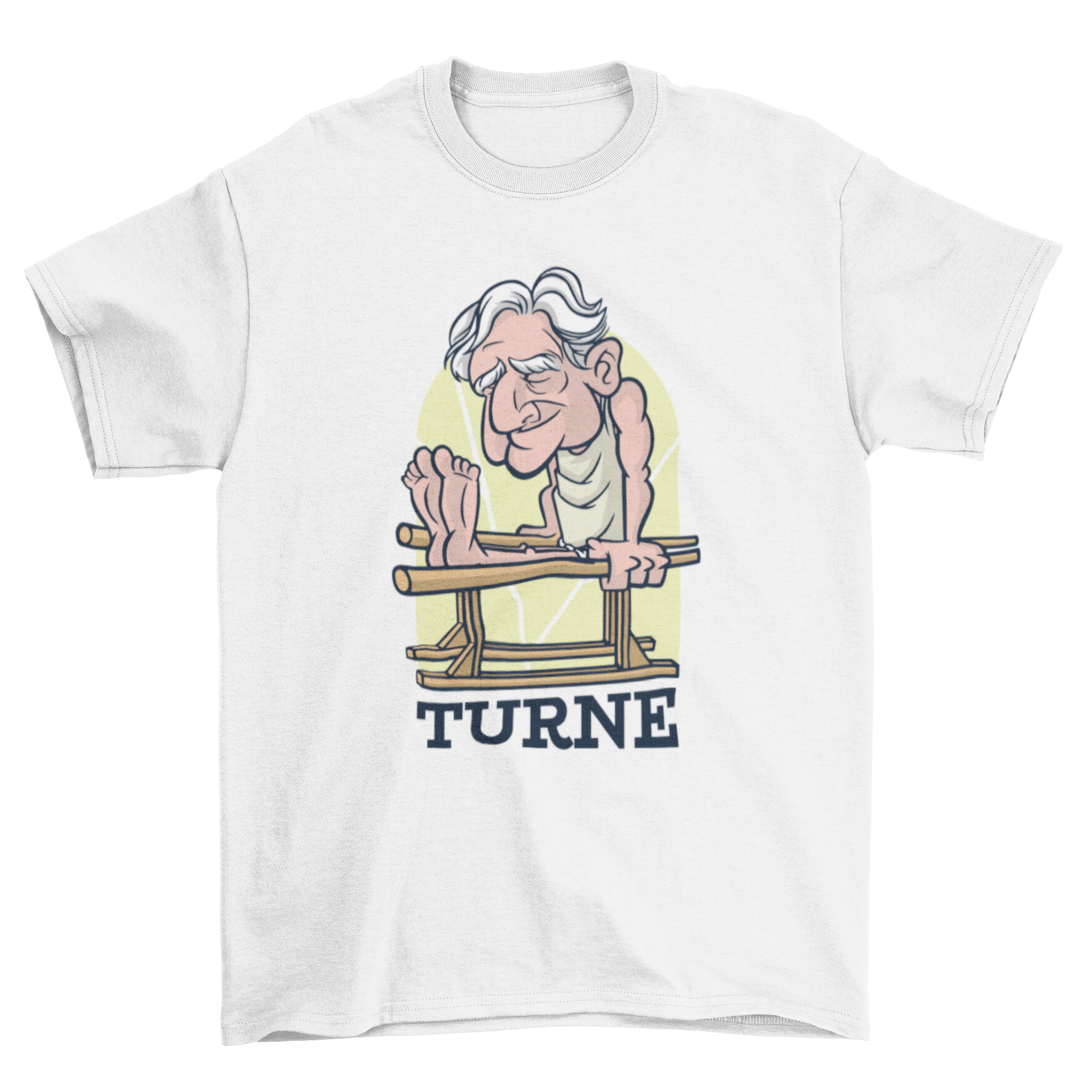 Old Man Gym T-Shirt featuring an illustration of an elderly man exercising with the caption 'Turne'.