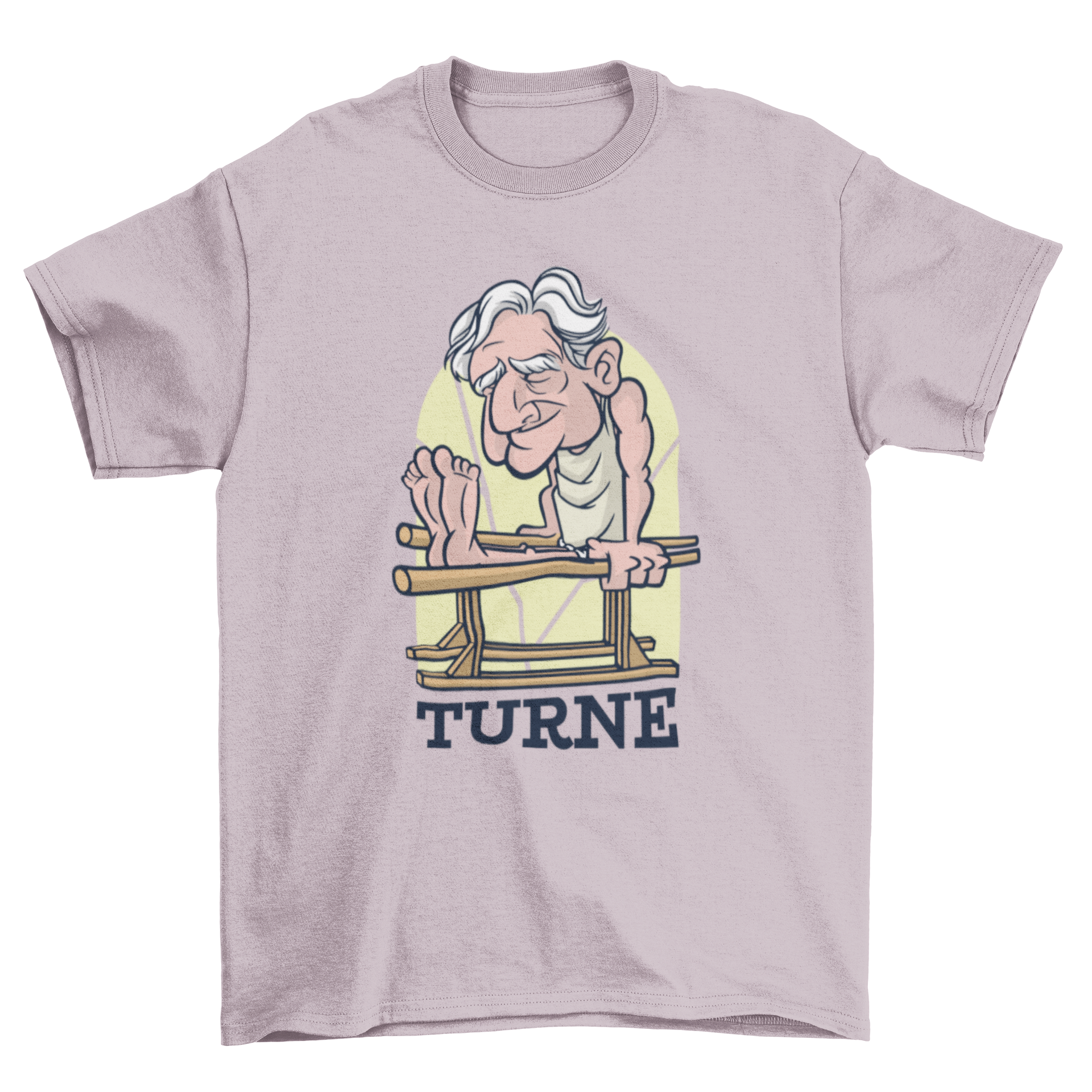 Old Man Gym T-Shirt featuring an illustration of an elderly man exercising with the caption 'Turne'.