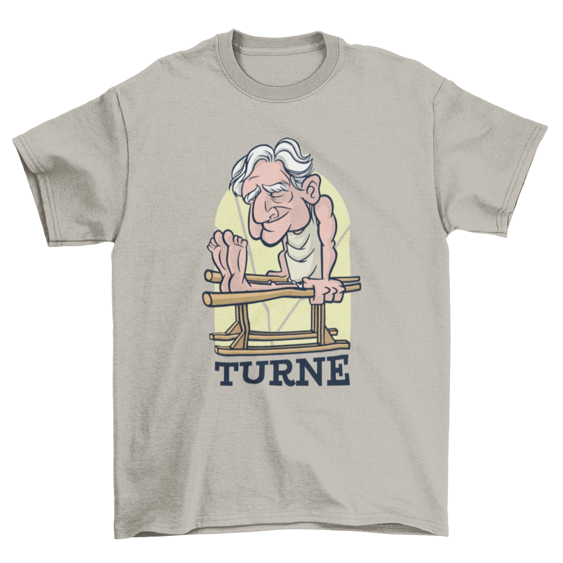 Old Man Gym T-Shirt featuring an illustration of an elderly man exercising with the caption 'Turne'.