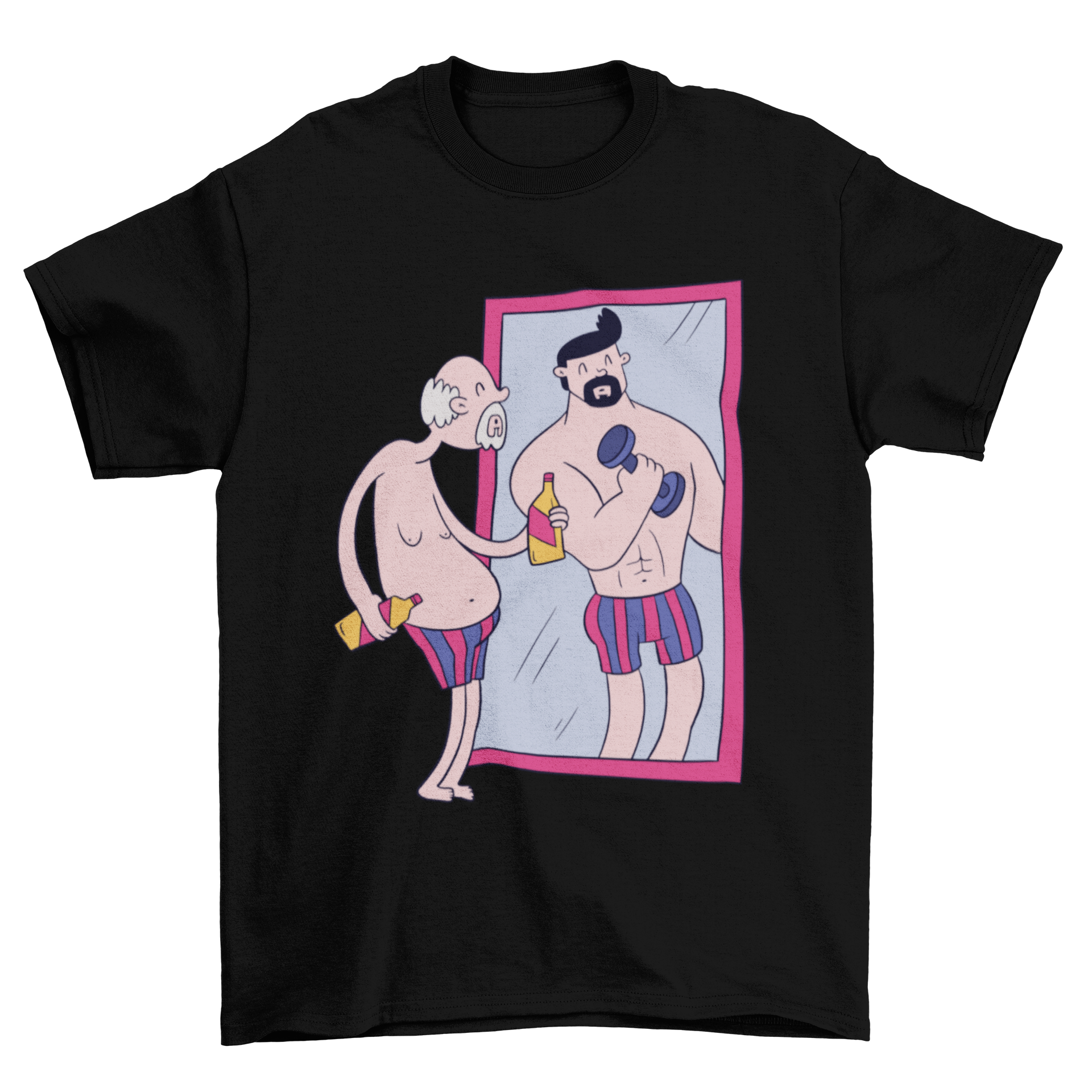 Old Man Mirror T-shirt design featuring an elderly man looking at his youthful reflection in a mirror.