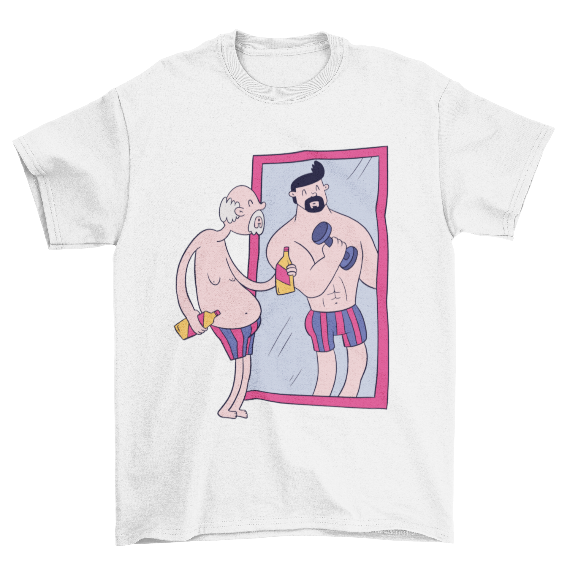 Old Man Mirror T-shirt design featuring an elderly man looking at his youthful reflection in a mirror.