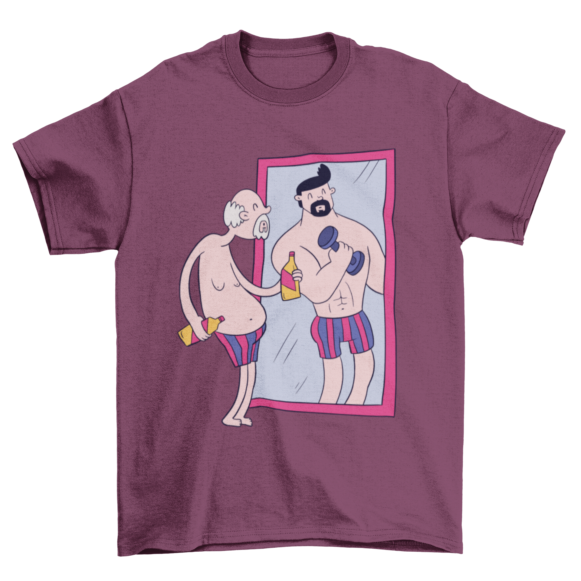 Old Man Mirror T-shirt design featuring an elderly man looking at his youthful reflection in a mirror.