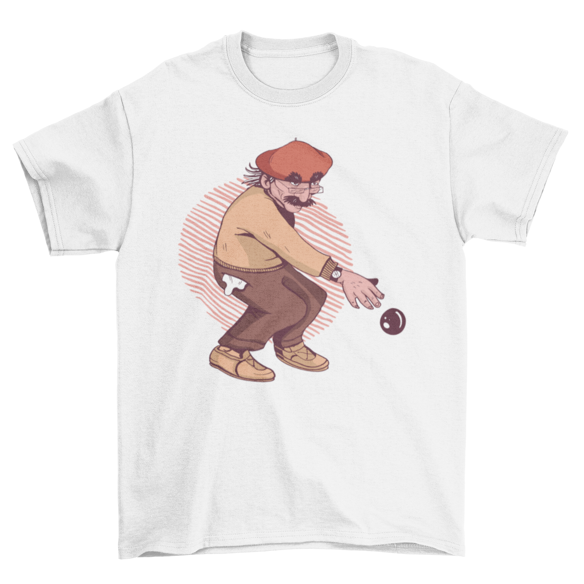 Old Man Petanque T-Shirt featuring an illustration of an elderly man playing petanque, showcasing a unique and stylish design.