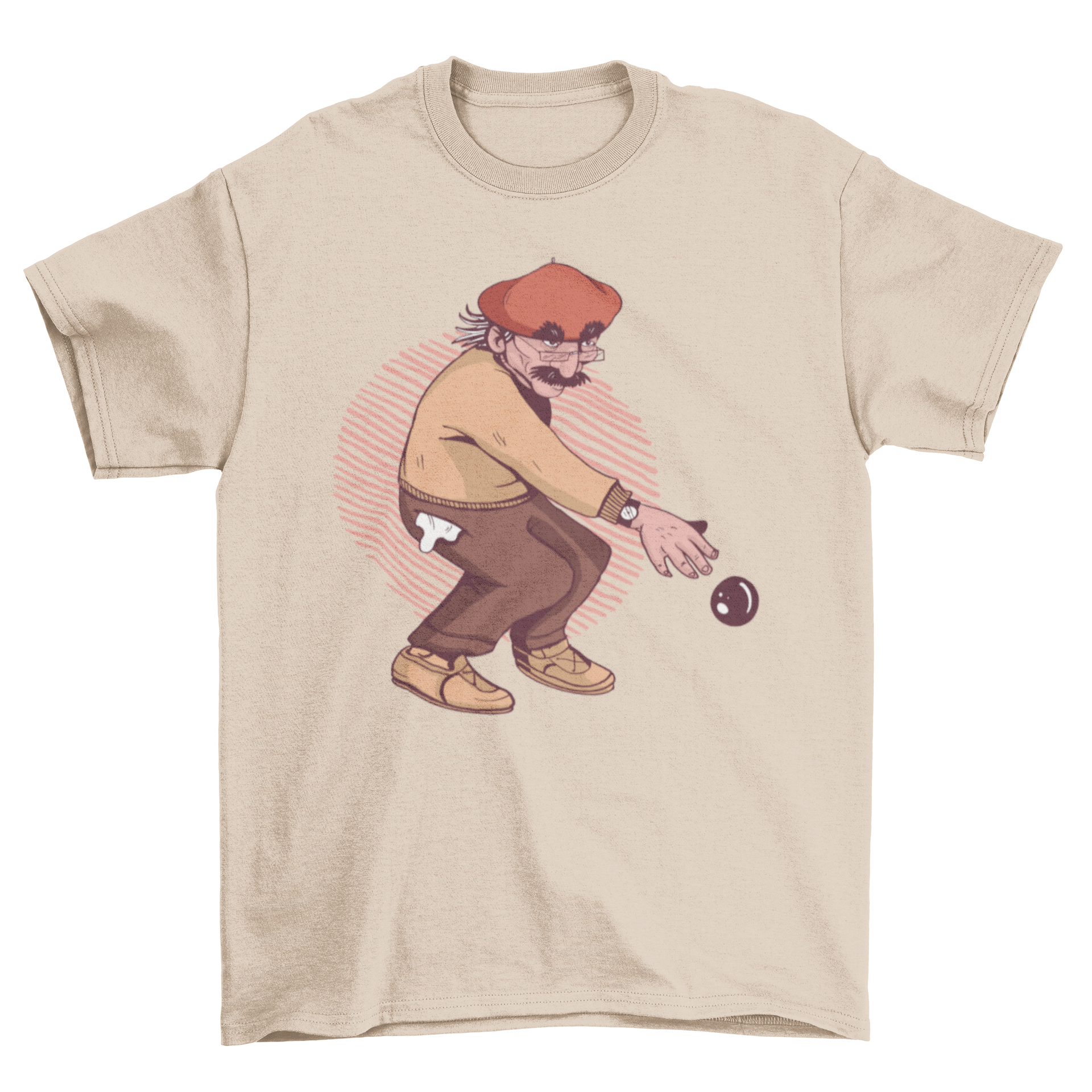 Old Man Petanque T-Shirt featuring an illustration of an elderly man playing petanque, showcasing a unique and stylish design.