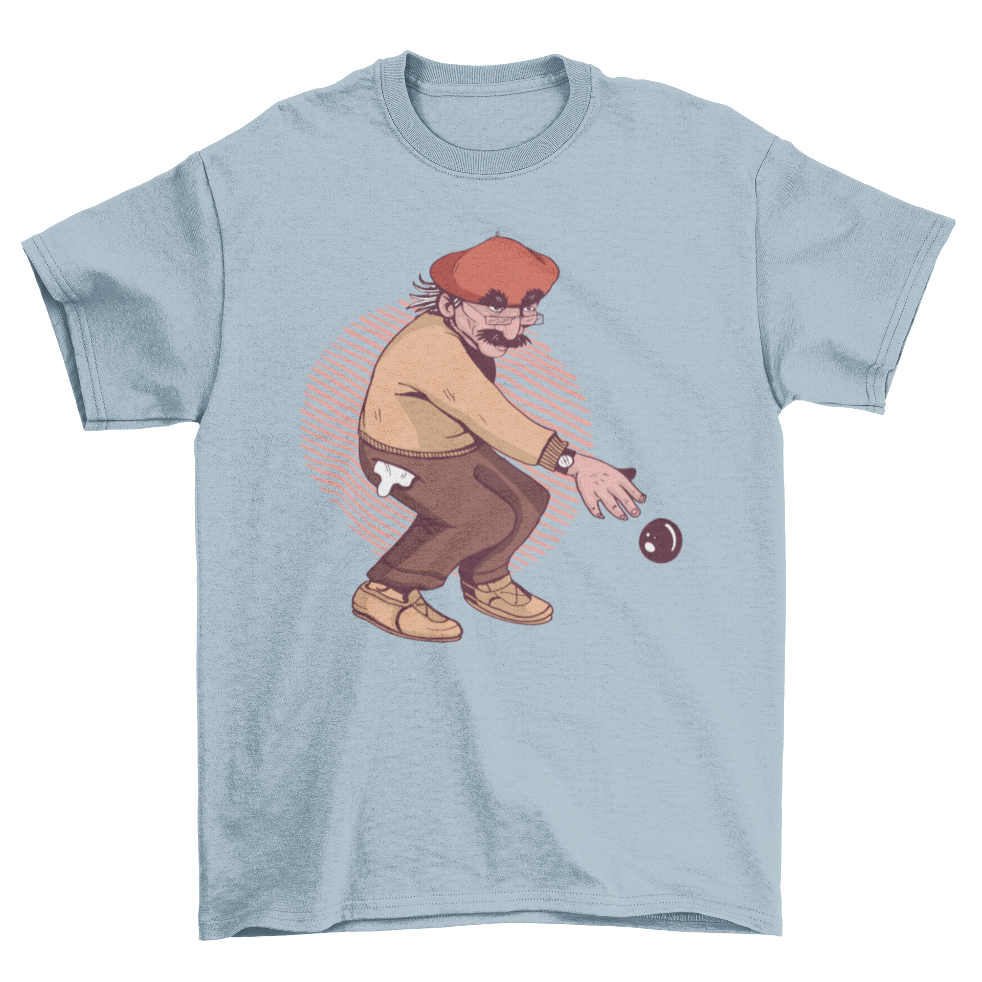 Old Man Petanque T-Shirt featuring an illustration of an elderly man playing petanque, showcasing a unique and stylish design.