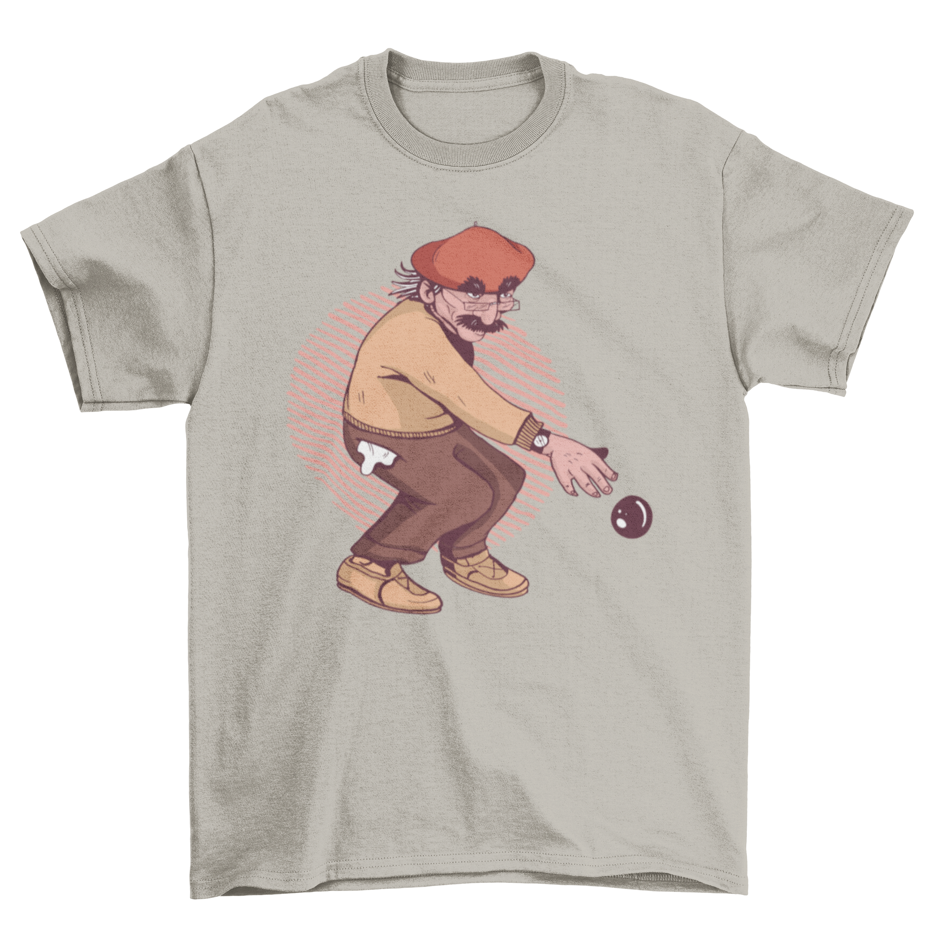 Old Man Petanque T-Shirt featuring an illustration of an elderly man playing petanque, showcasing a unique and stylish design.