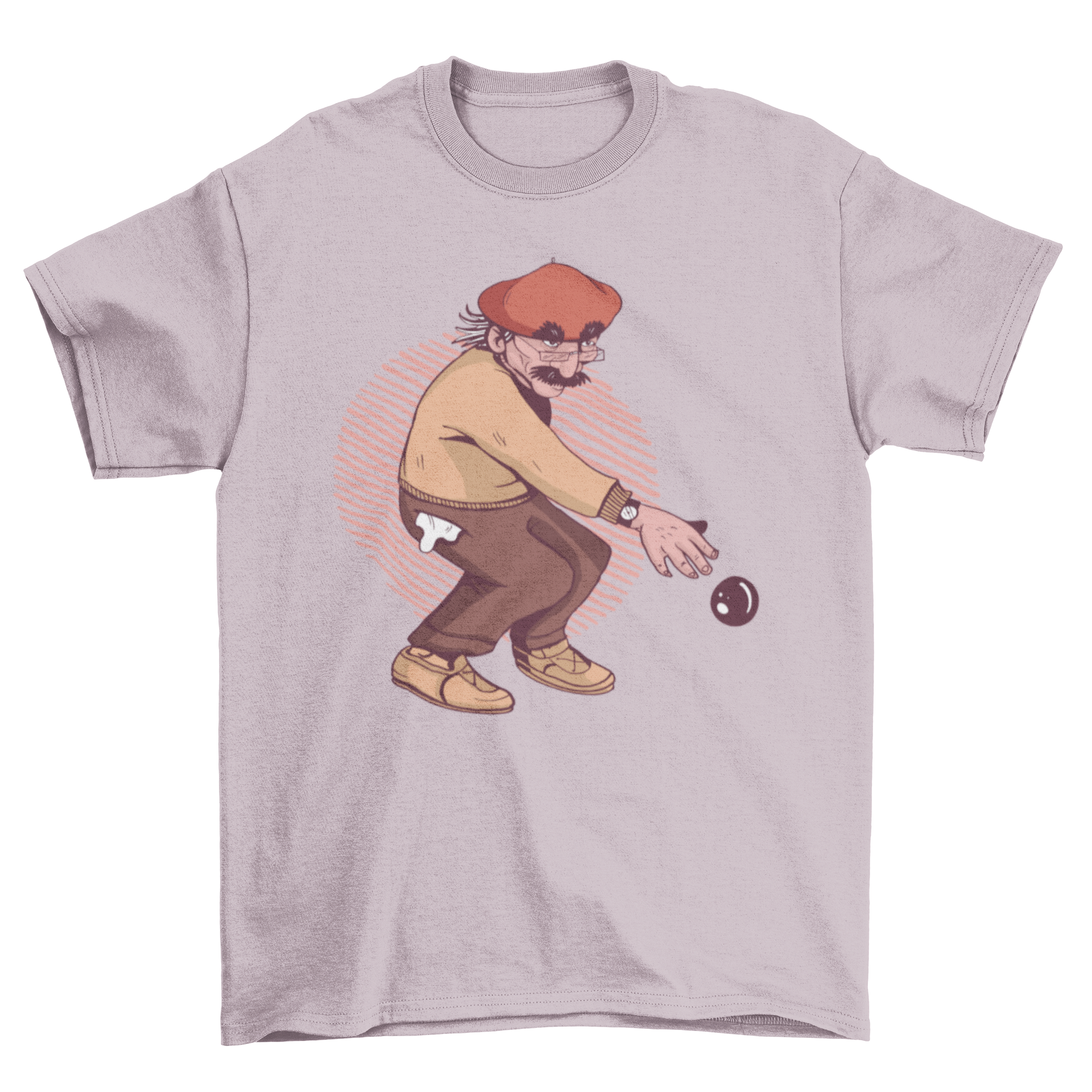 Old Man Petanque T-Shirt featuring an illustration of an elderly man playing petanque, showcasing a unique and stylish design.