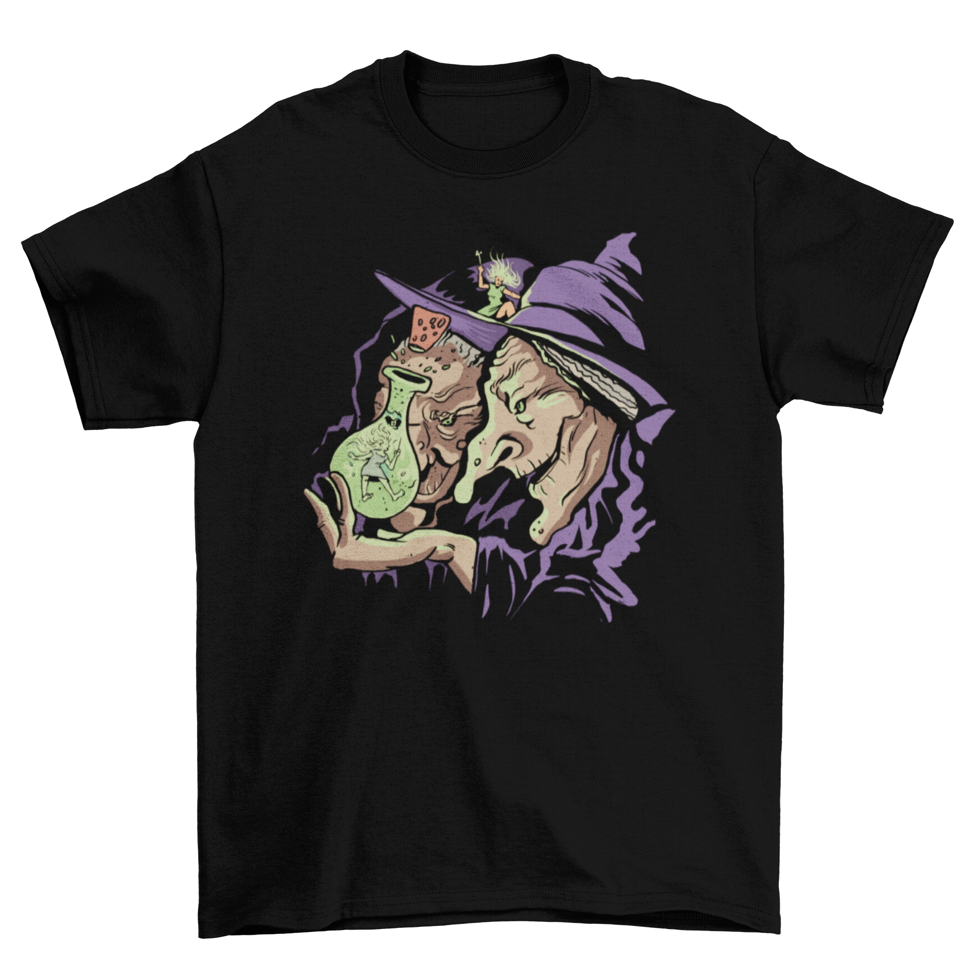 Old Witches Magic Potion T-Shirt design featuring two witches holding a glowing green potion with a tiny woman inside.