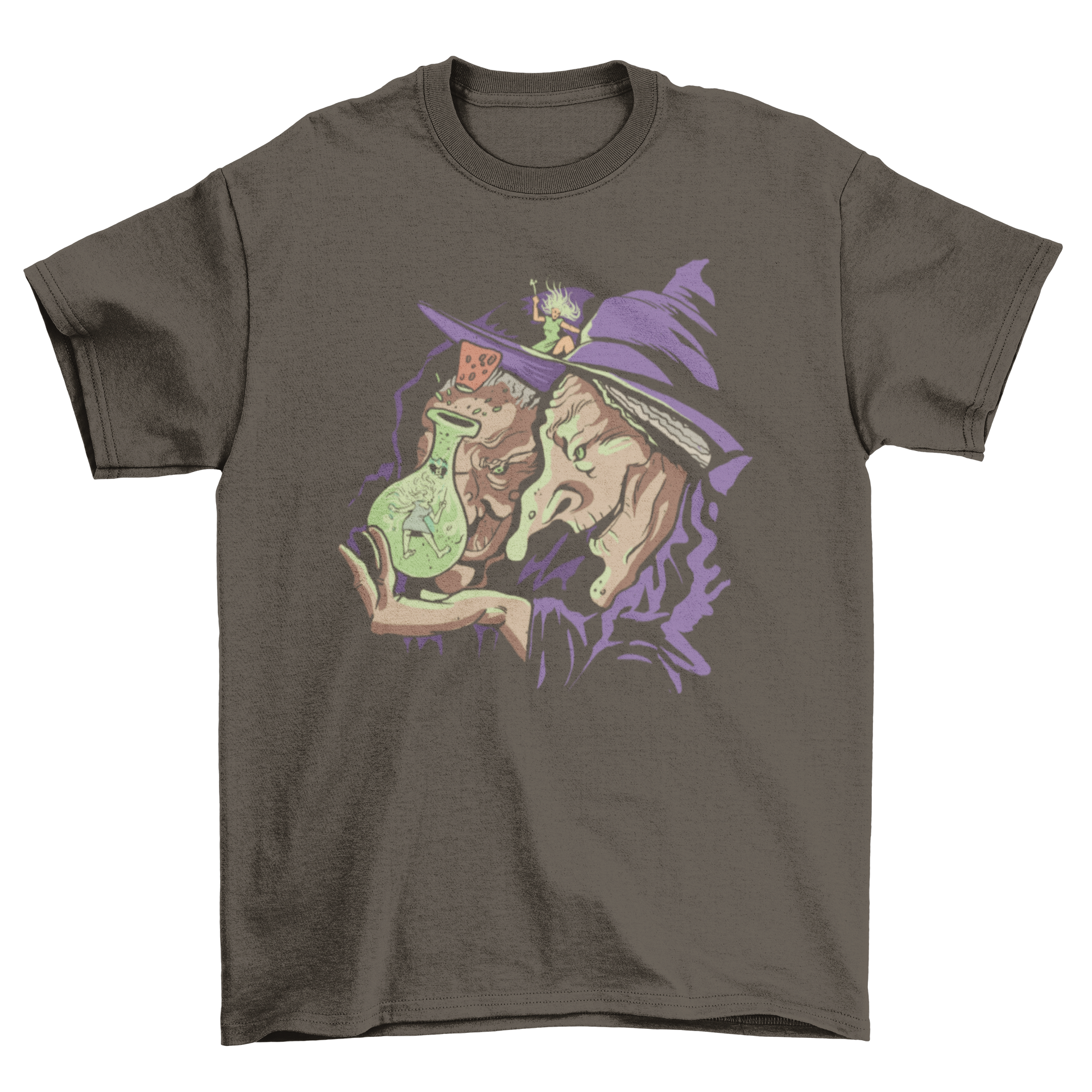 Old Witches Magic Potion T-Shirt design featuring two witches holding a glowing green potion with a tiny woman inside.