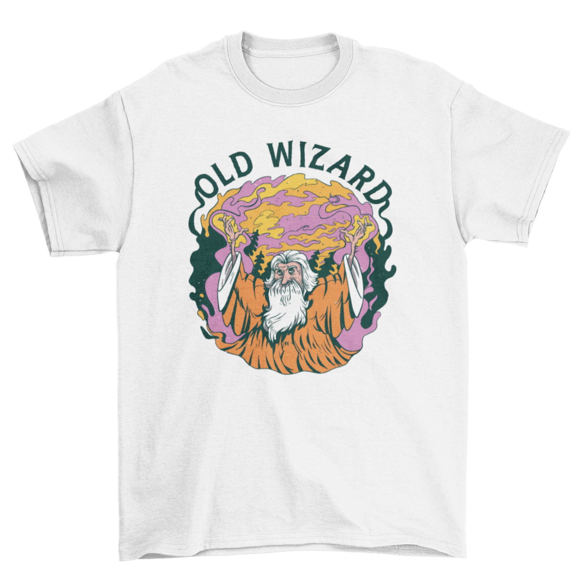 Old wizard character t-shirt featuring an old man casting spells with the quote 'Old wizard'.