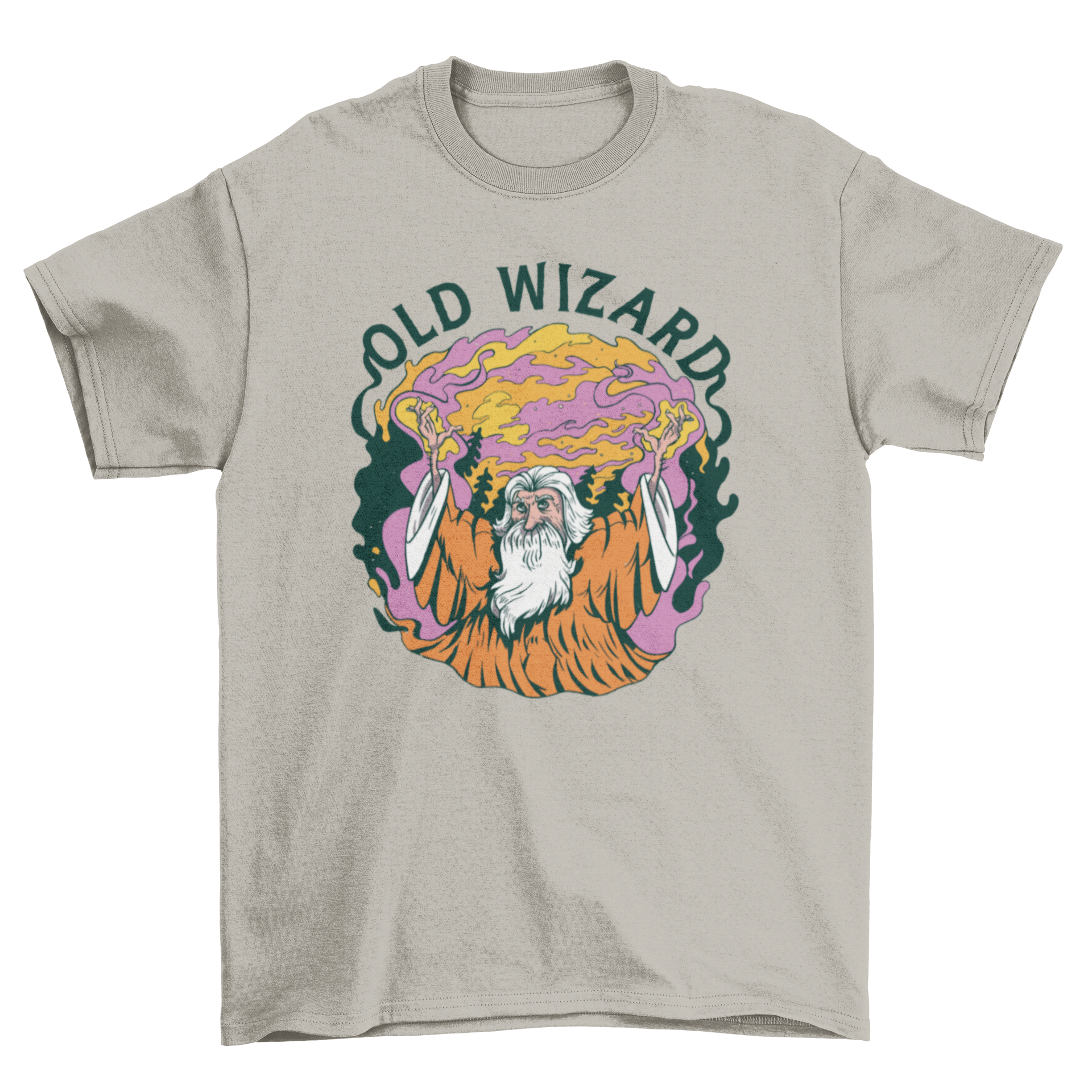 Old wizard character t-shirt featuring an old man casting spells with the quote 'Old wizard'.