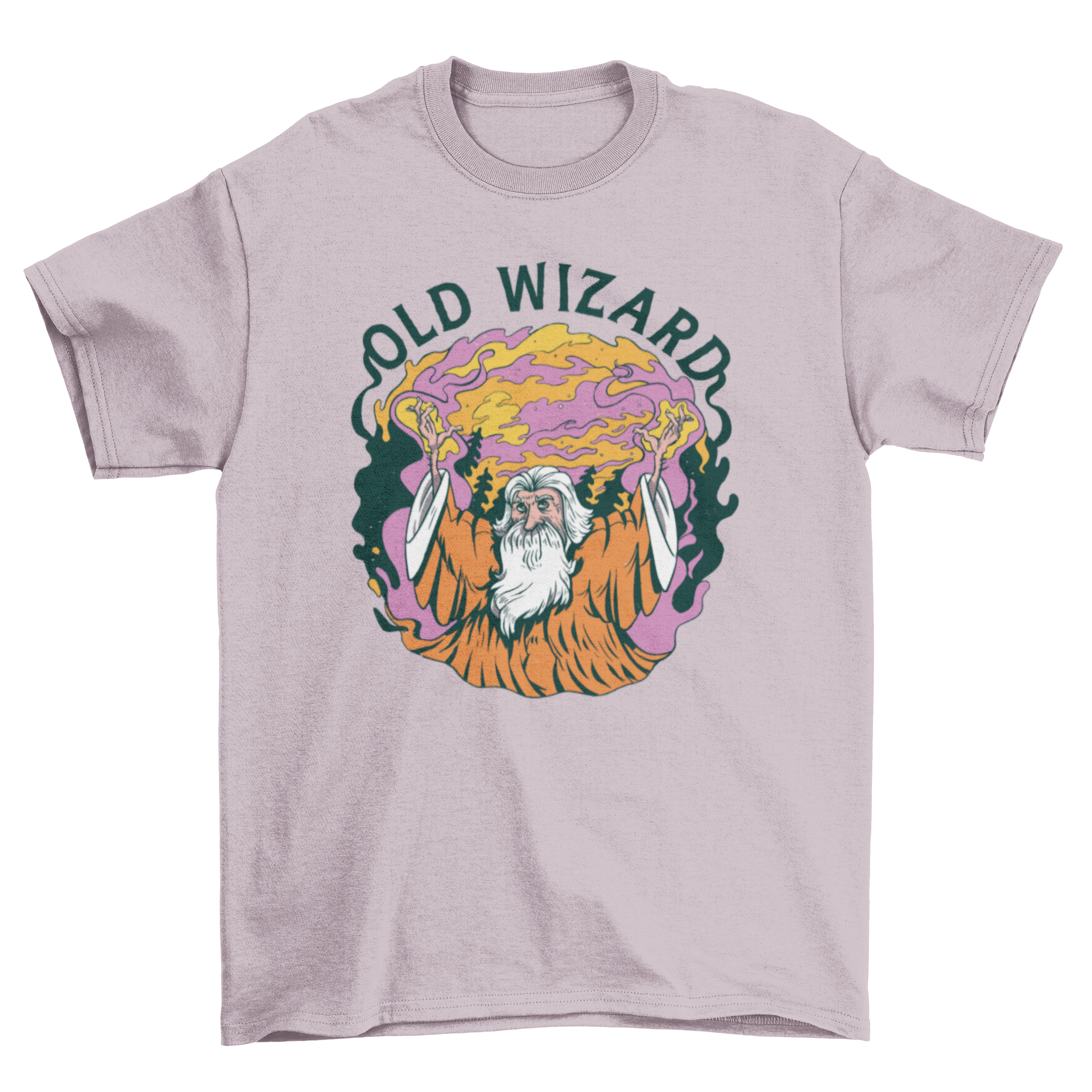 Old wizard character t-shirt featuring an old man casting spells with the quote 'Old wizard'.