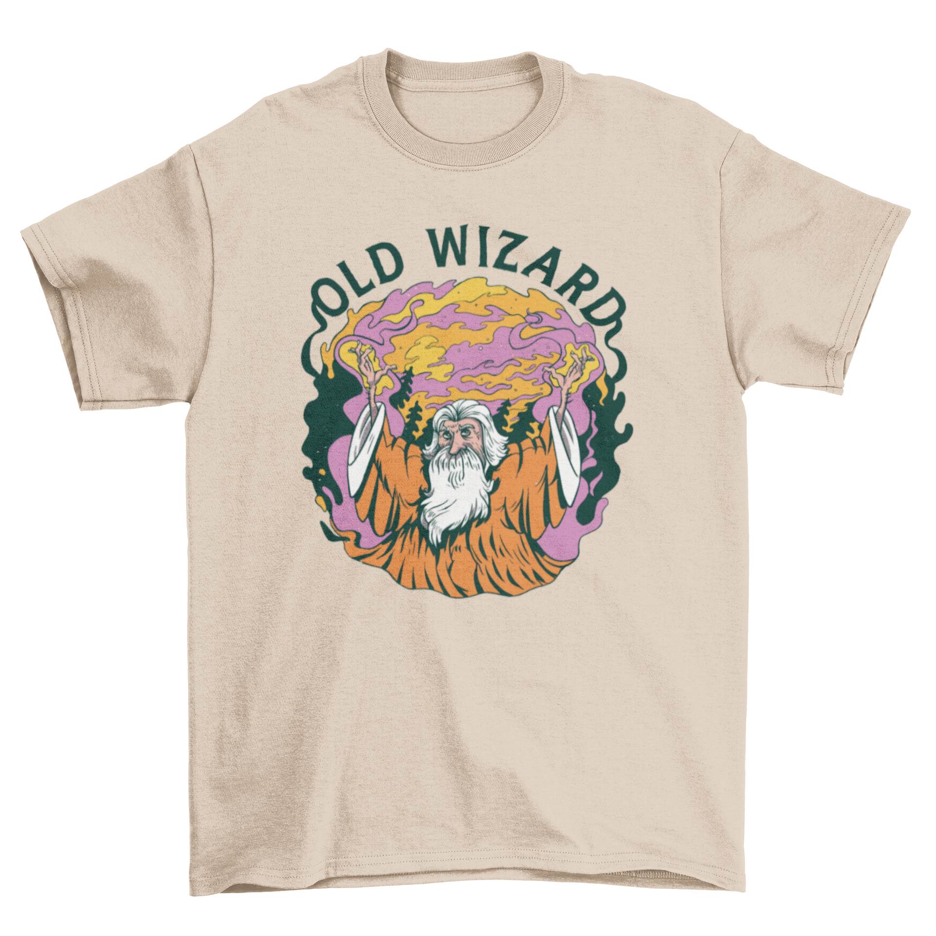 Old wizard character t-shirt featuring an old man casting spells with the quote 'Old wizard'.