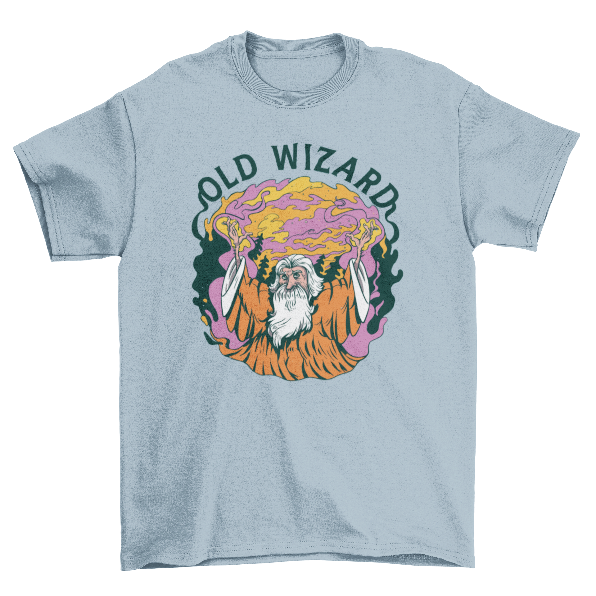 Old wizard character t-shirt featuring an old man casting spells with the quote 'Old wizard'.