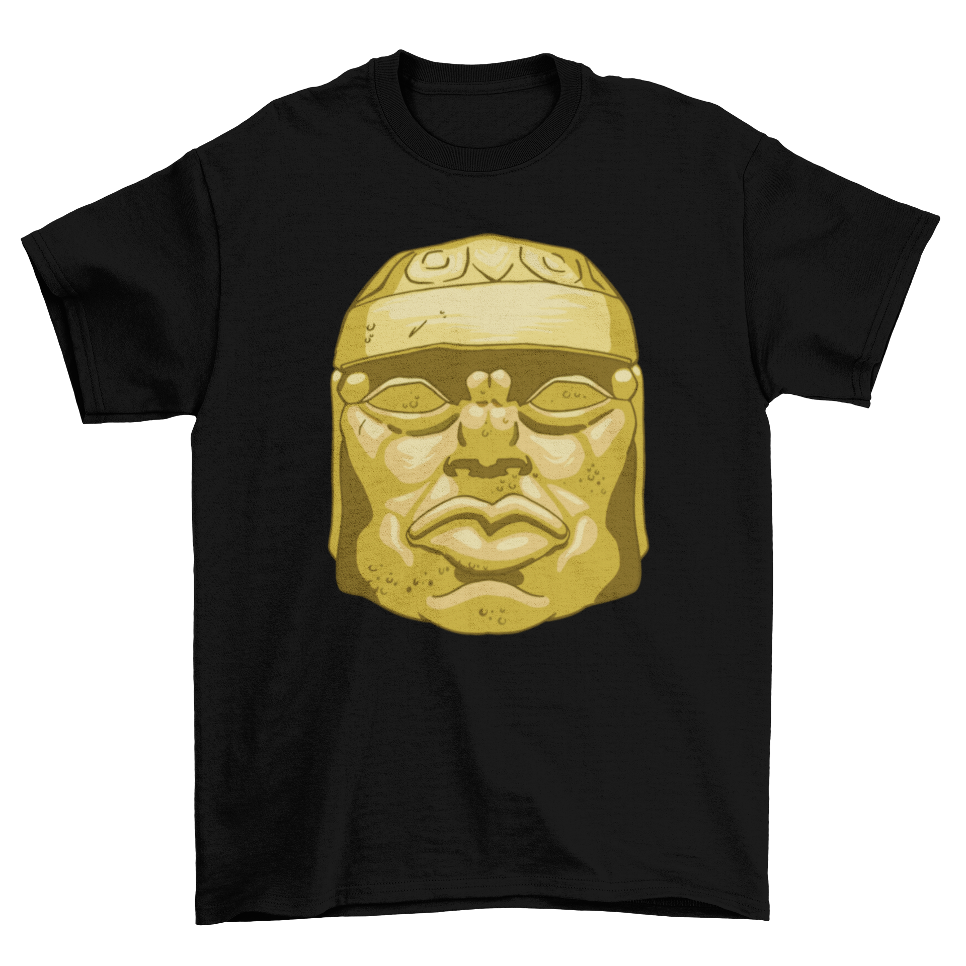 Olmec head sculpture t-shirt featuring a detailed graphic design inspired by ancient Olmec art.