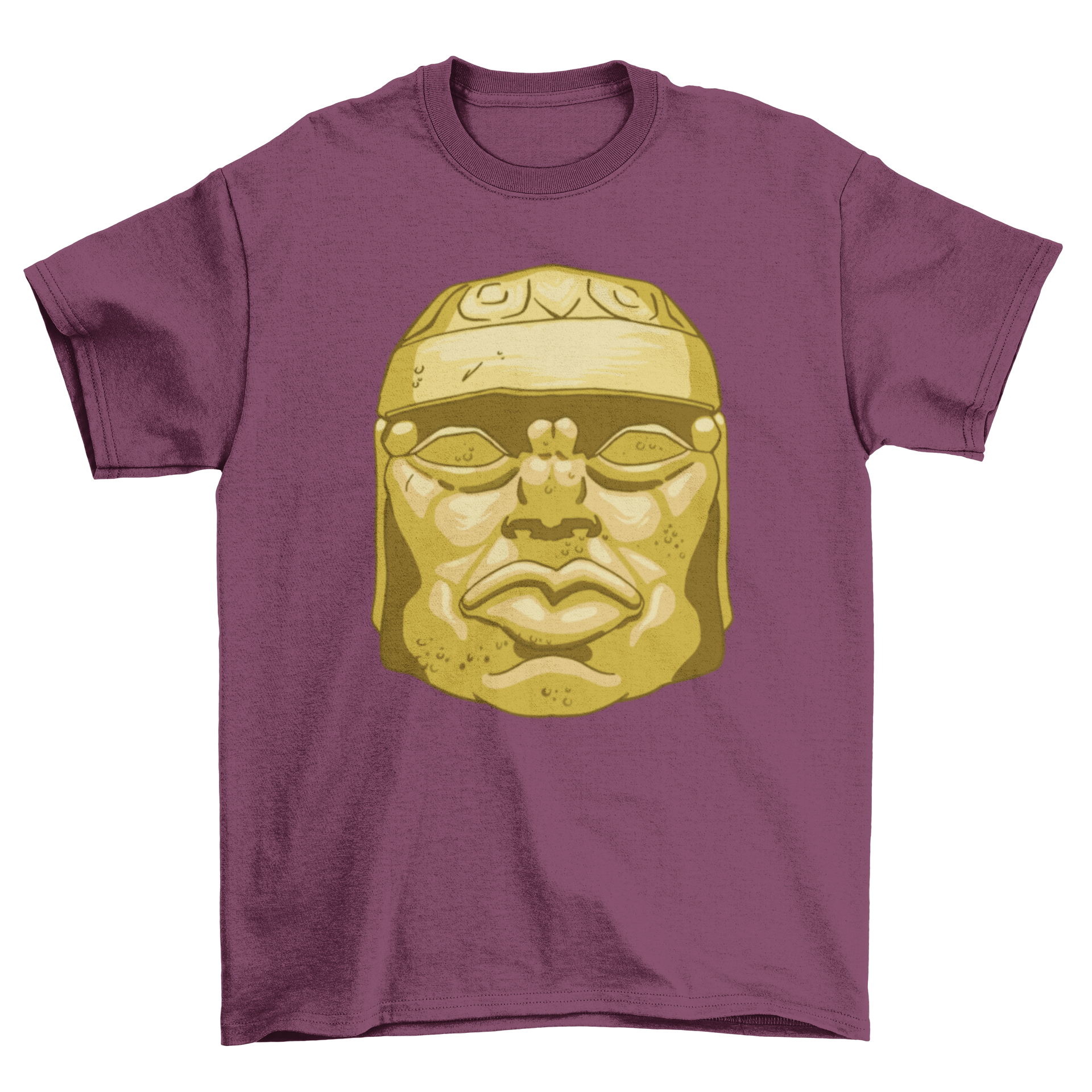 Olmec head sculpture t-shirt featuring a detailed graphic design inspired by ancient Olmec art.