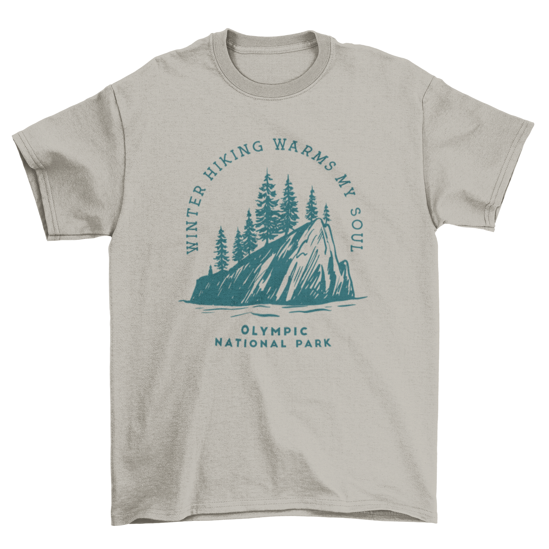 A stylish t-shirt featuring pine trees and mountains with the quote 'Winter hiking warms my soul', perfect for nature lovers.