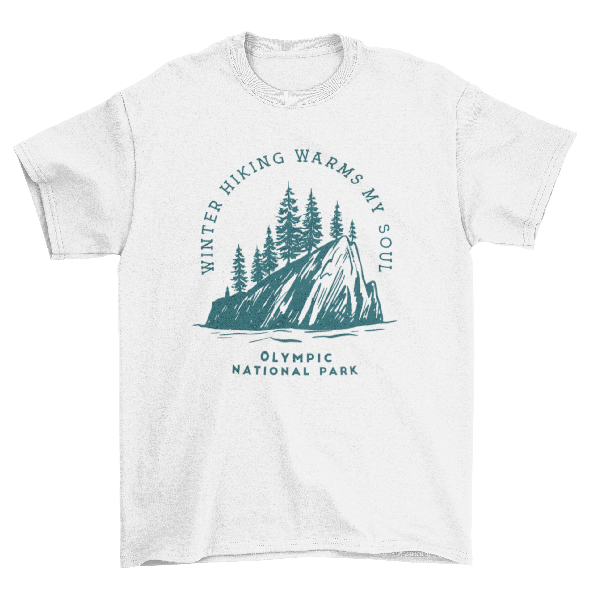 A stylish t-shirt featuring pine trees and mountains with the quote 'Winter hiking warms my soul', perfect for nature lovers.