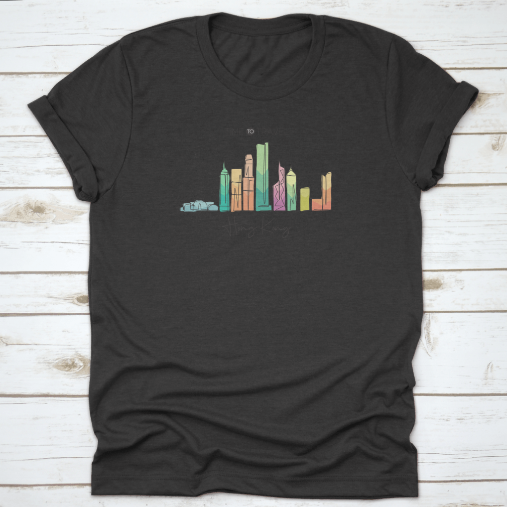 A stylish t-shirt featuring a continuous line drawing of the Hong Kong city skyline, showcasing iconic buildings in a minimalist design.