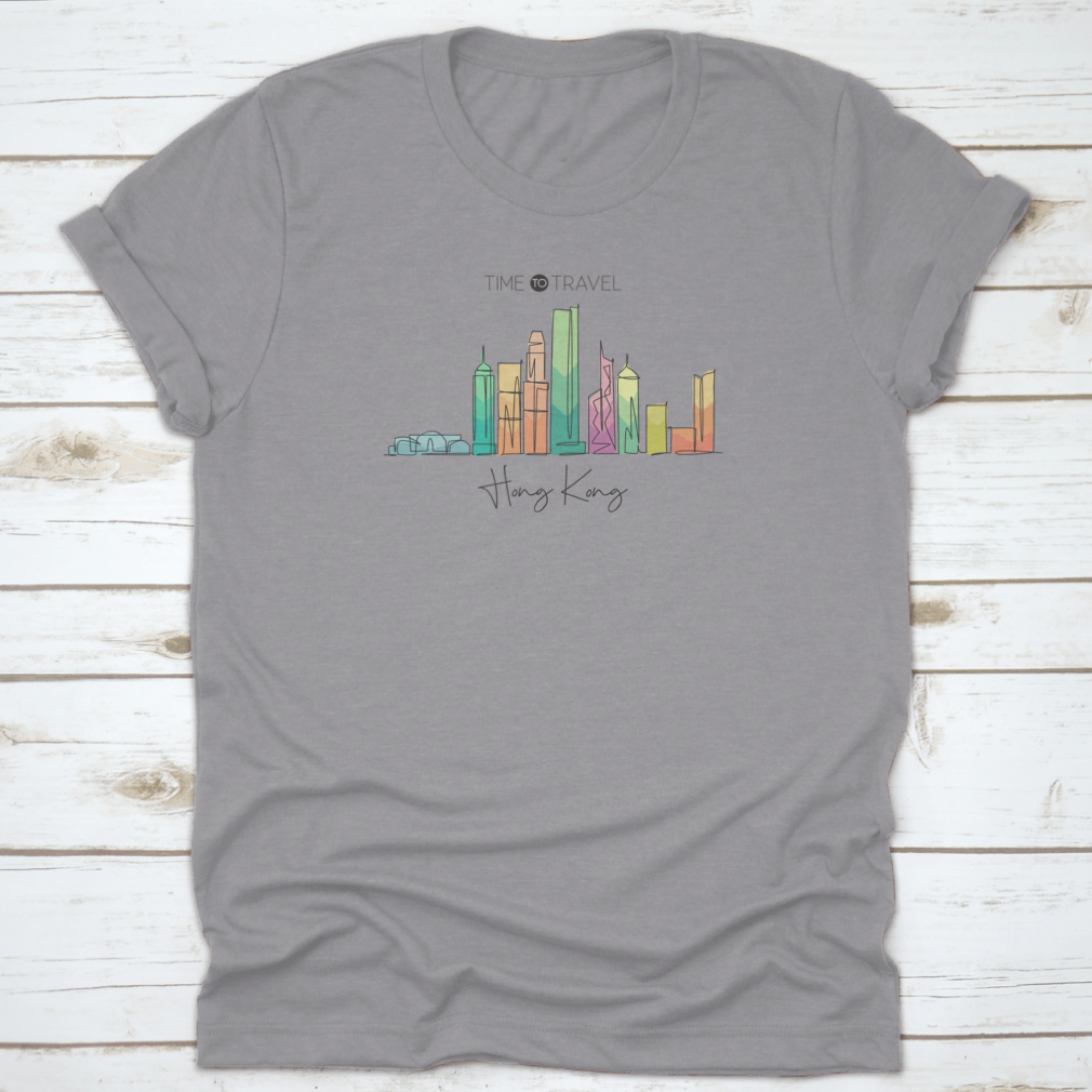 A stylish t-shirt featuring a continuous line drawing of the Hong Kong city skyline, showcasing iconic buildings in a minimalist design.