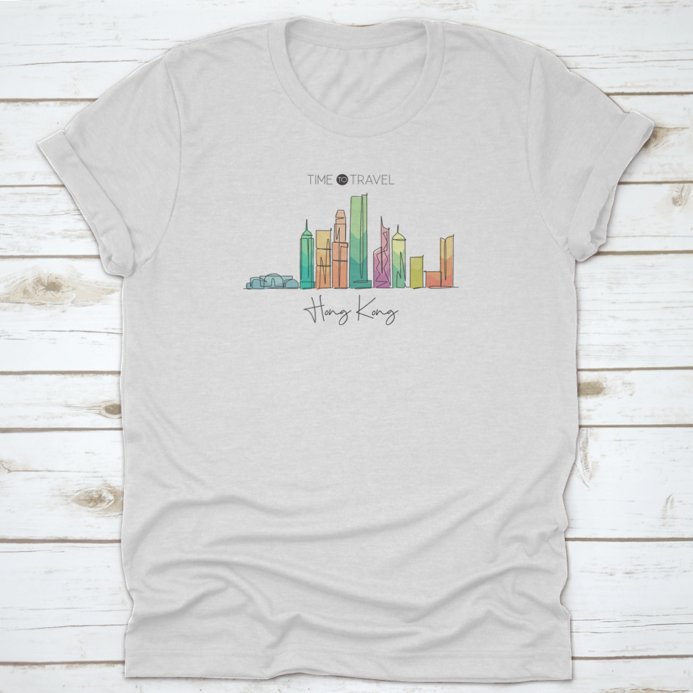 A stylish t-shirt featuring a continuous line drawing of the Hong Kong city skyline, showcasing iconic buildings in a minimalist design.