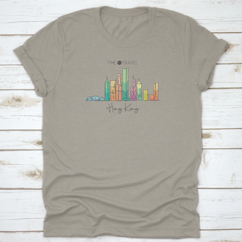 A stylish t-shirt featuring a continuous line drawing of the Hong Kong city skyline, showcasing iconic buildings in a minimalist design.