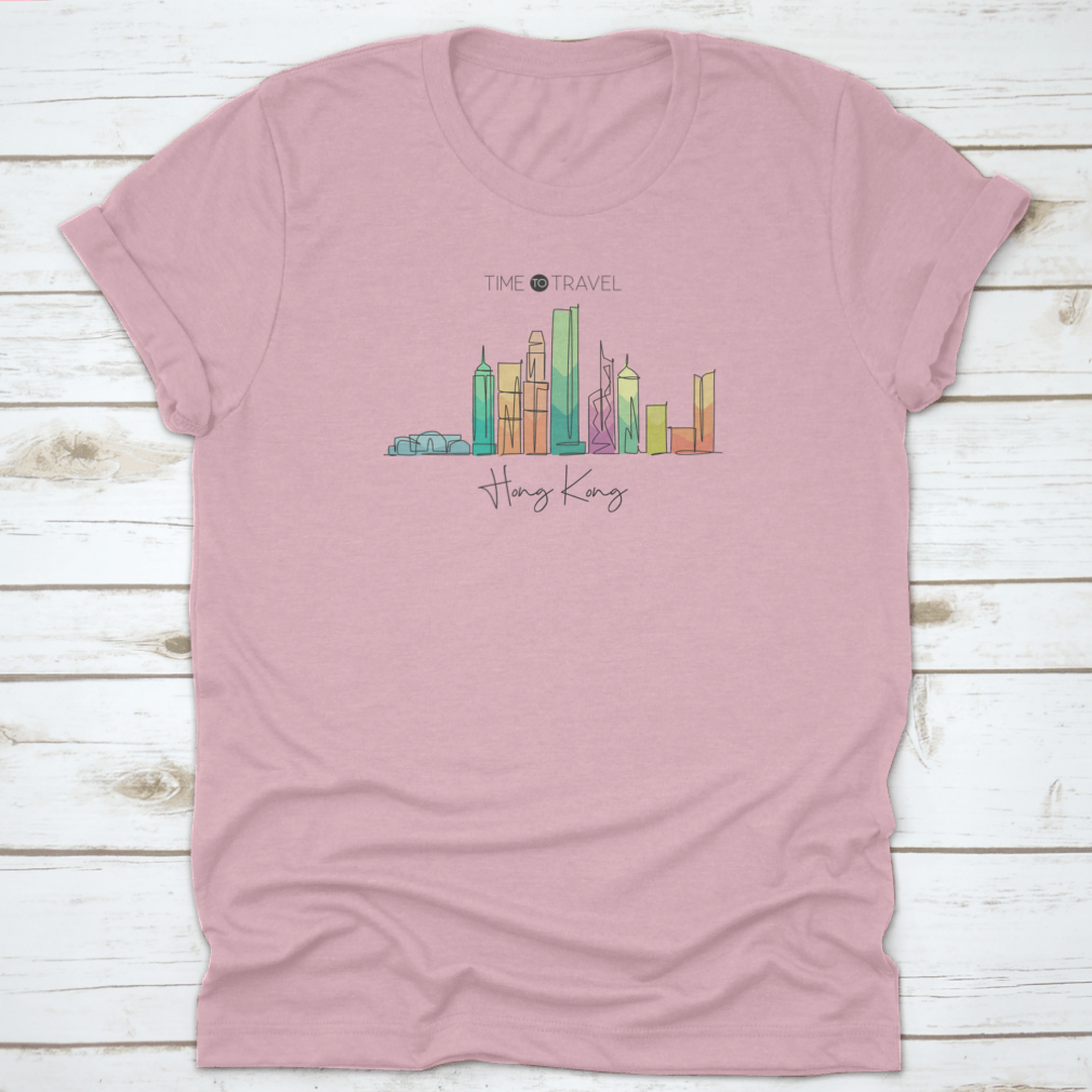 A stylish t-shirt featuring a continuous line drawing of the Hong Kong city skyline, showcasing iconic buildings in a minimalist design.