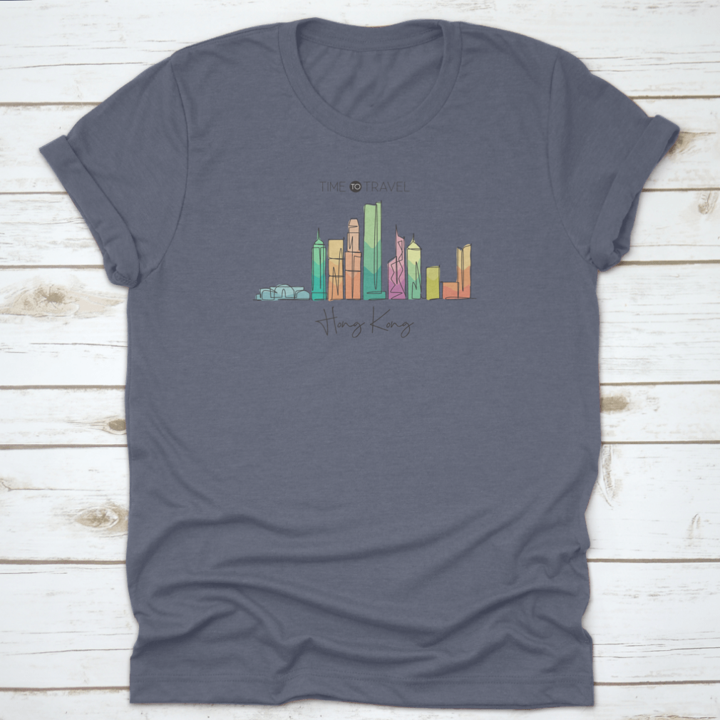 A stylish t-shirt featuring a continuous line drawing of the Hong Kong city skyline, showcasing iconic buildings in a minimalist design.