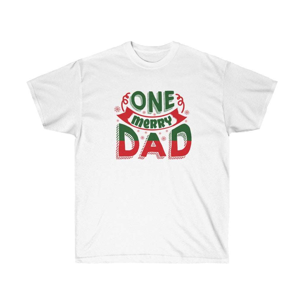 One Merry Dad Holiday T-Shirt featuring festive design, made from 100% soft cotton, suitable for all sizes.