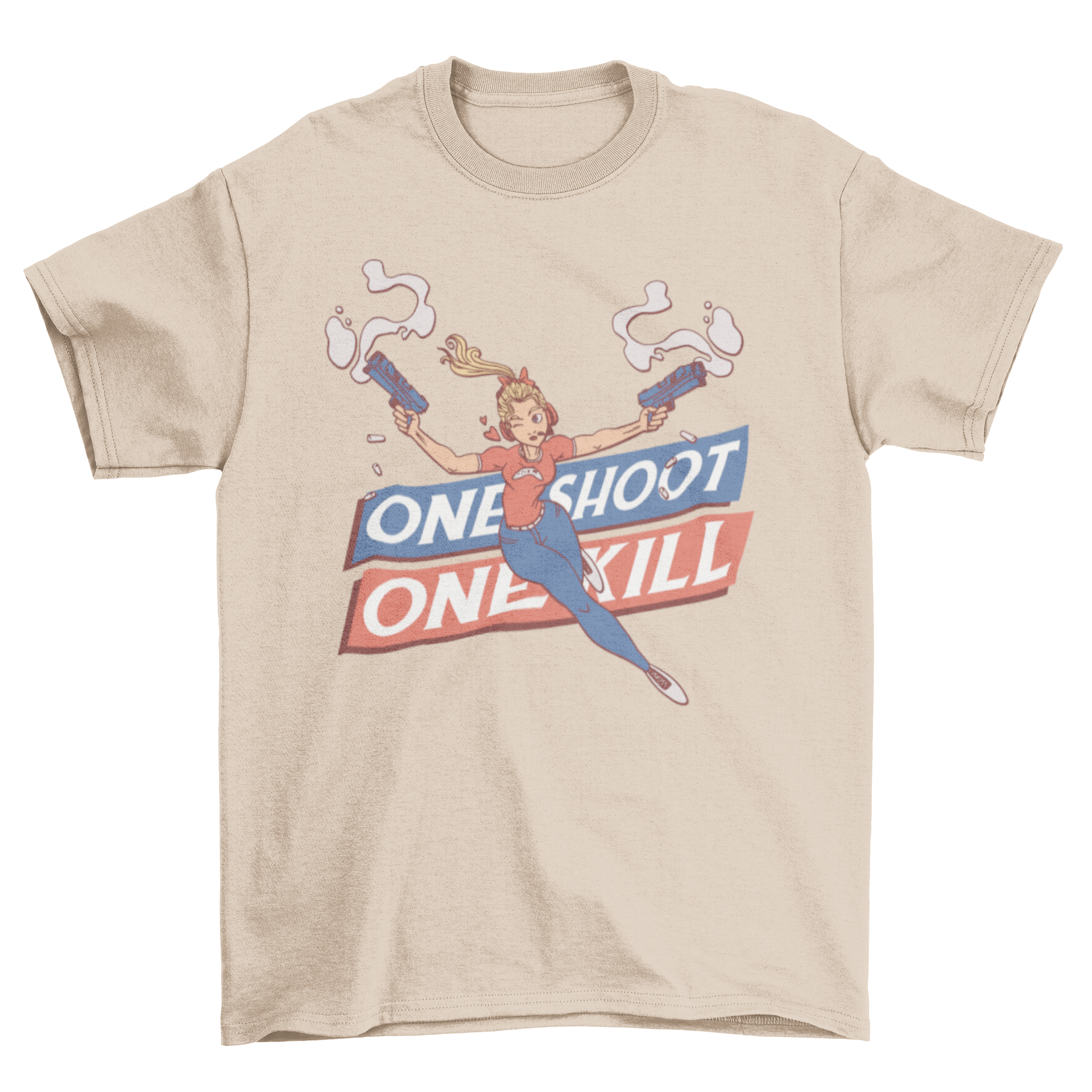 One Shoot Girl T-Shirt featuring a girl holding guns with the caption 'One Shoot One Kill'.