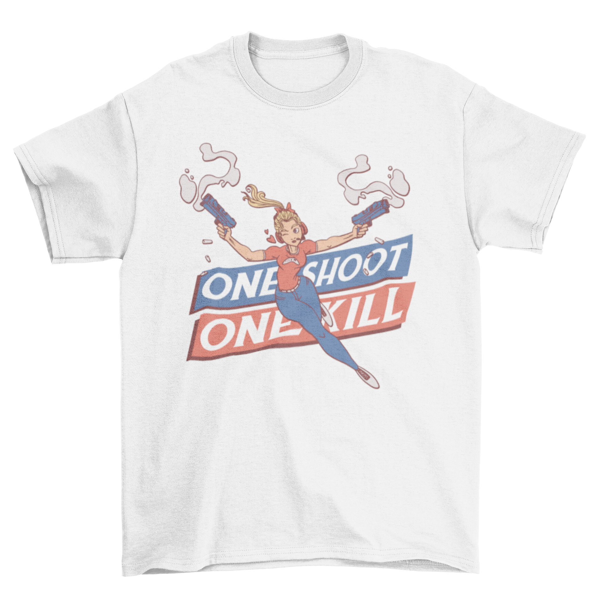 One Shoot Girl T-Shirt featuring a girl holding guns with the caption 'One Shoot One Kill'.