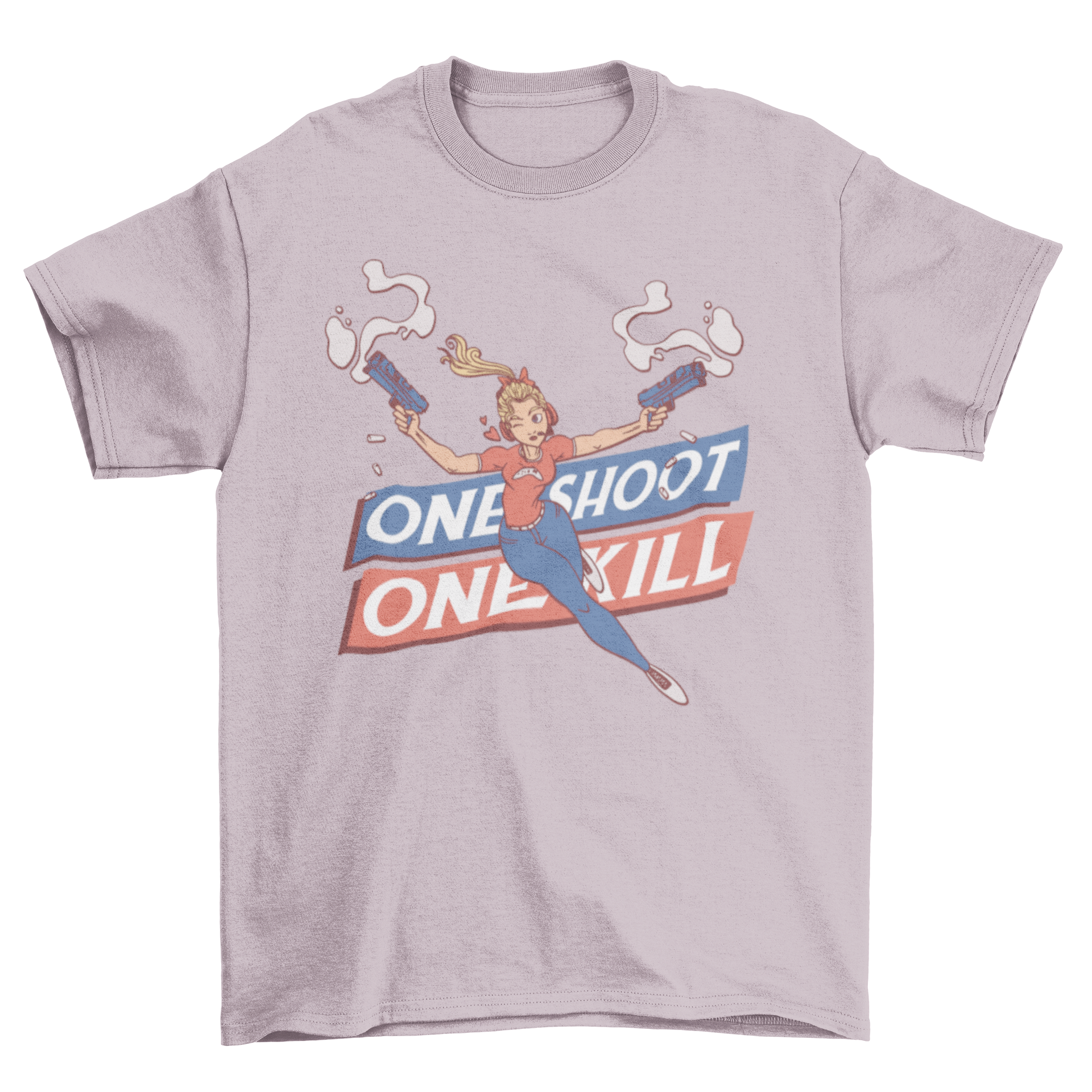 One Shoot Girl T-Shirt featuring a girl holding guns with the caption 'One Shoot One Kill'.