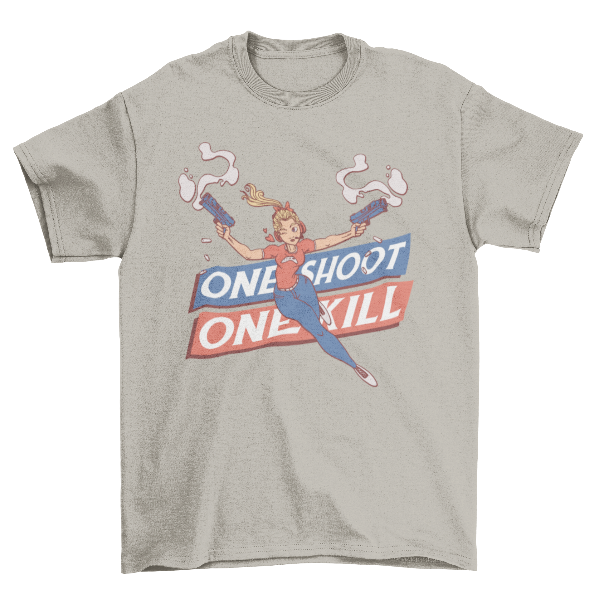 One Shoot Girl T-Shirt featuring a girl holding guns with the caption 'One Shoot One Kill'.