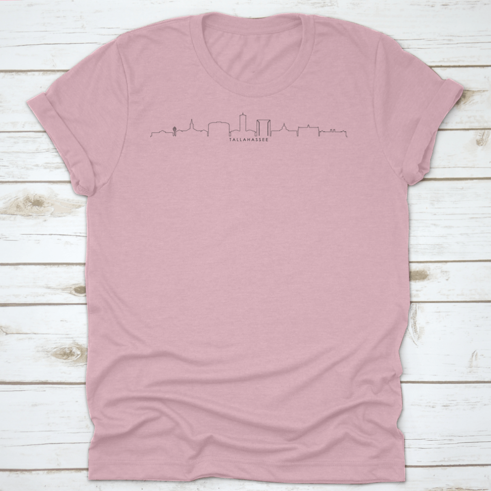 A stylish T-shirt featuring a continuous line design of the Tallahassee Florida skyline, showcasing iconic buildings and landmarks.