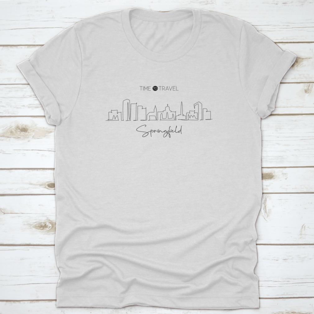 A stylish t-shirt featuring a unique one-line drawing of the Springfield City Skyline, showcasing its iconic buildings in a minimalist design.