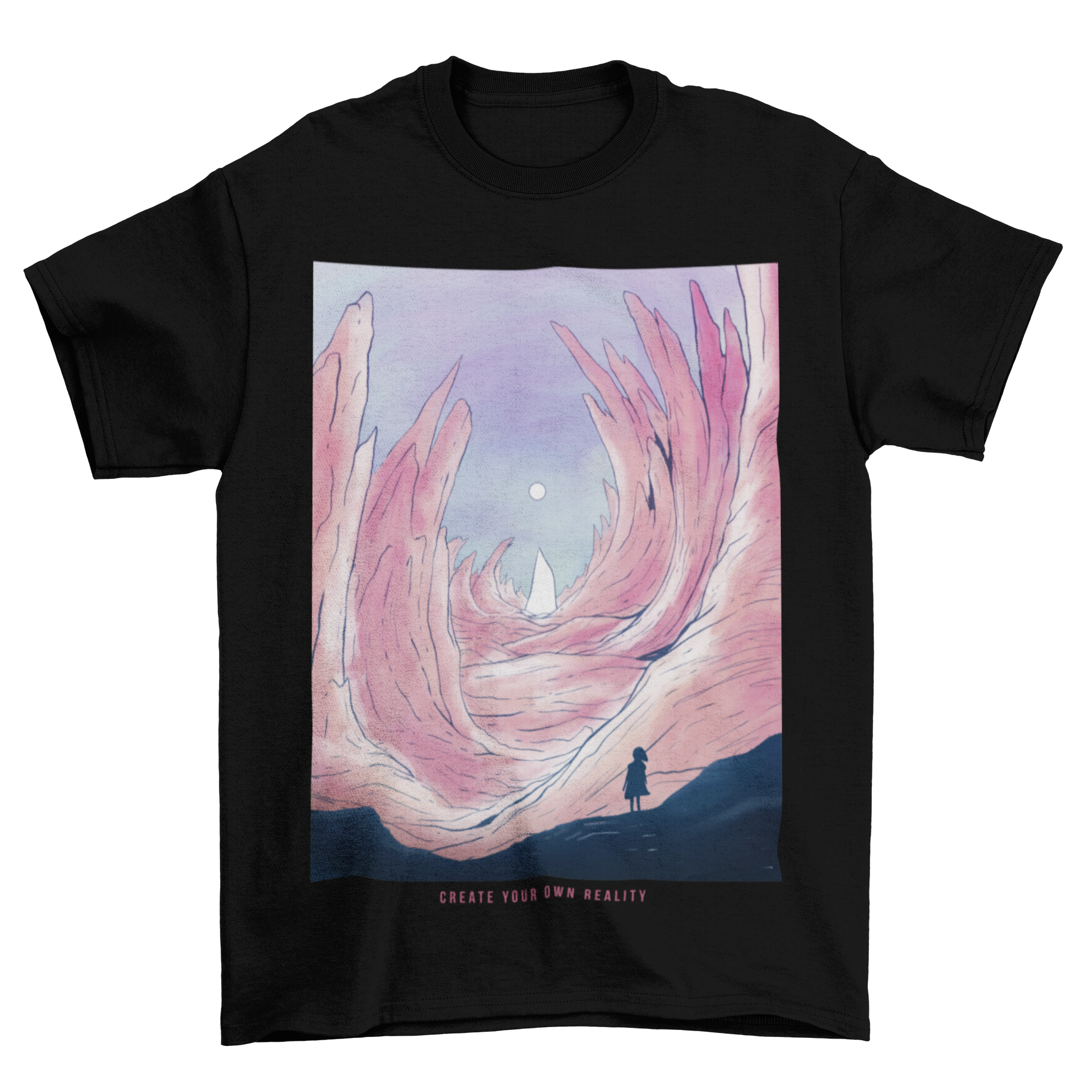 Open cave fantasy landscape t-shirt featuring a silhouette of a person in the distance against a scenic backdrop.