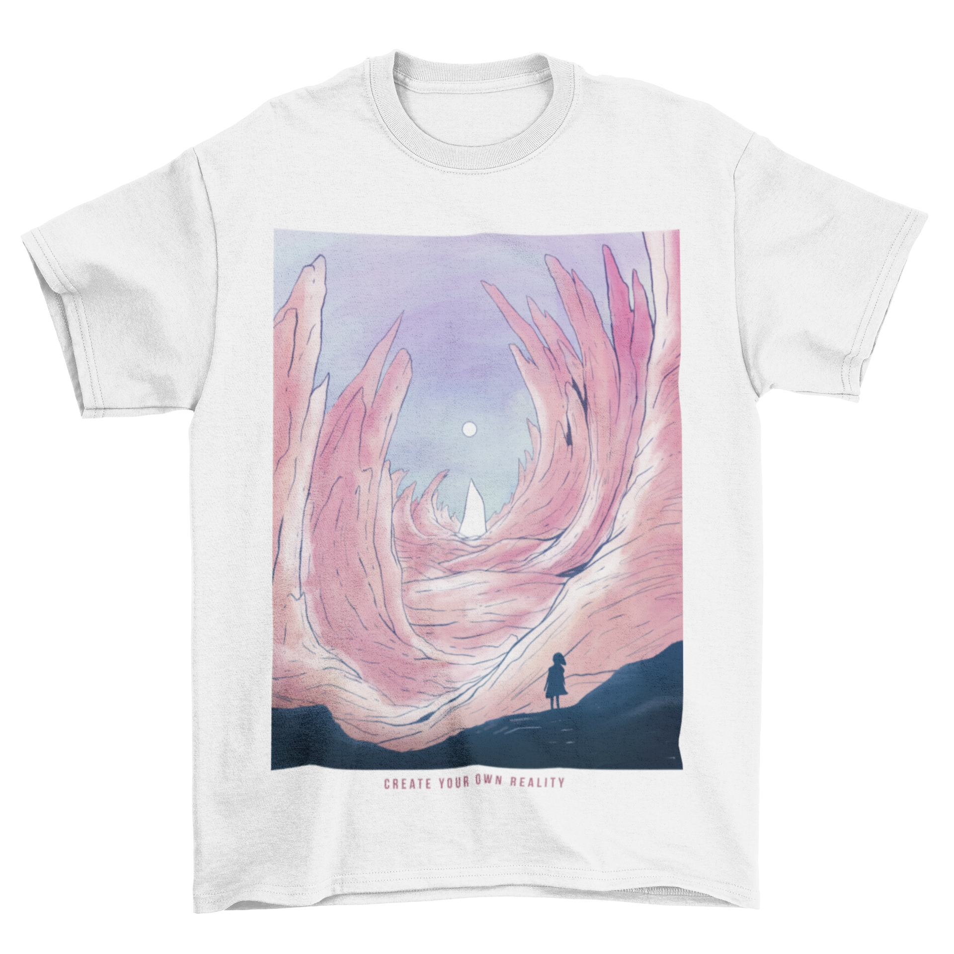 Open cave fantasy landscape t-shirt featuring a silhouette of a person in the distance against a scenic backdrop.