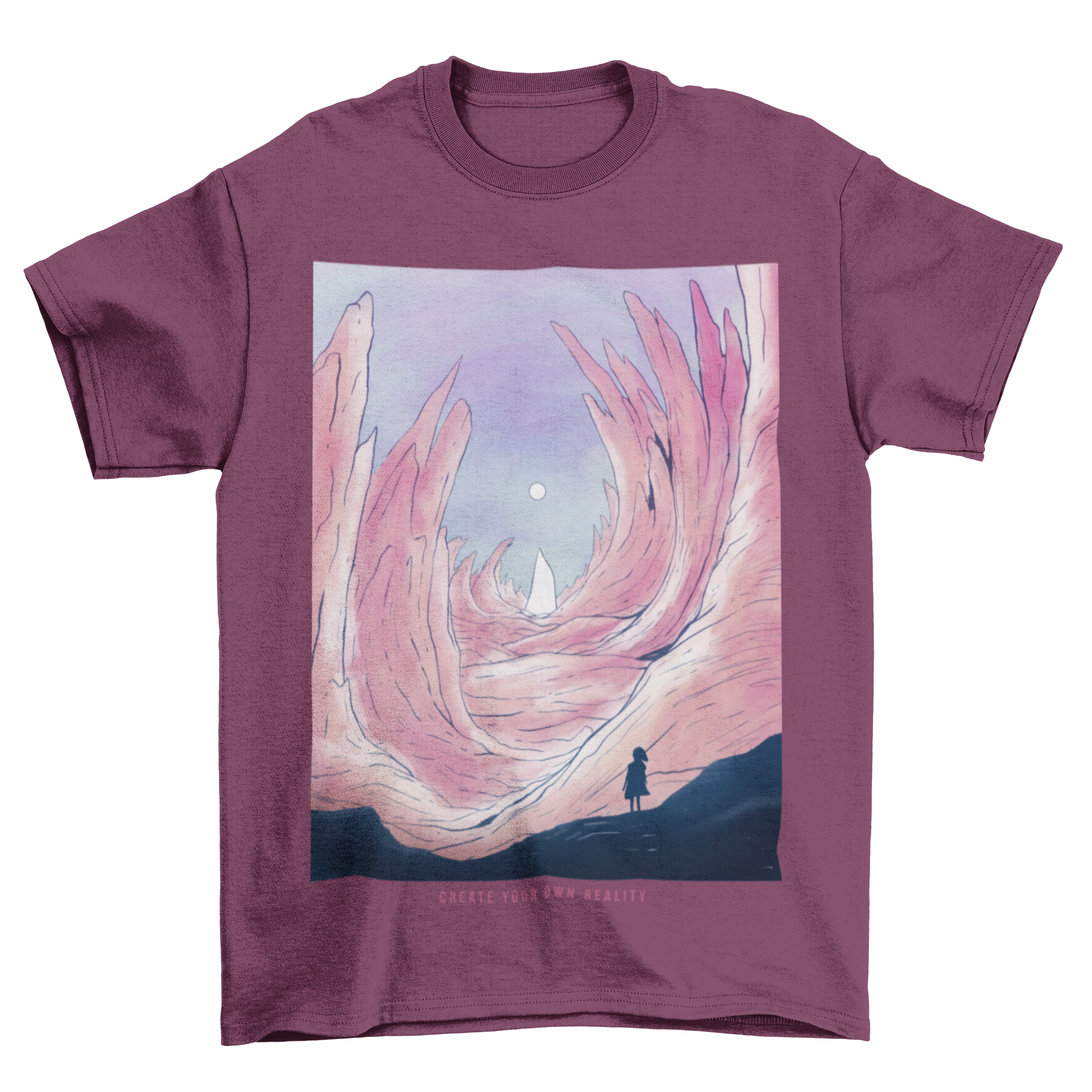 Open cave fantasy landscape t-shirt featuring a silhouette of a person in the distance against a scenic backdrop.