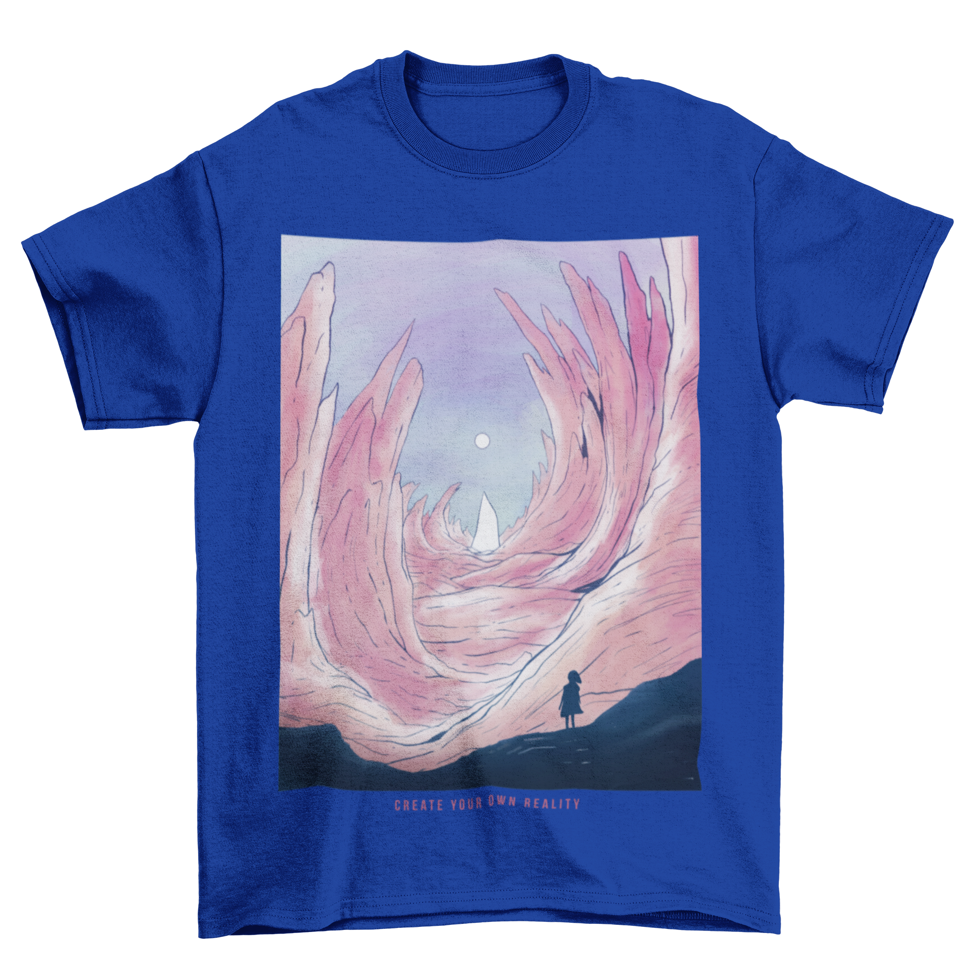 Open cave fantasy landscape t-shirt featuring a silhouette of a person in the distance against a scenic backdrop.