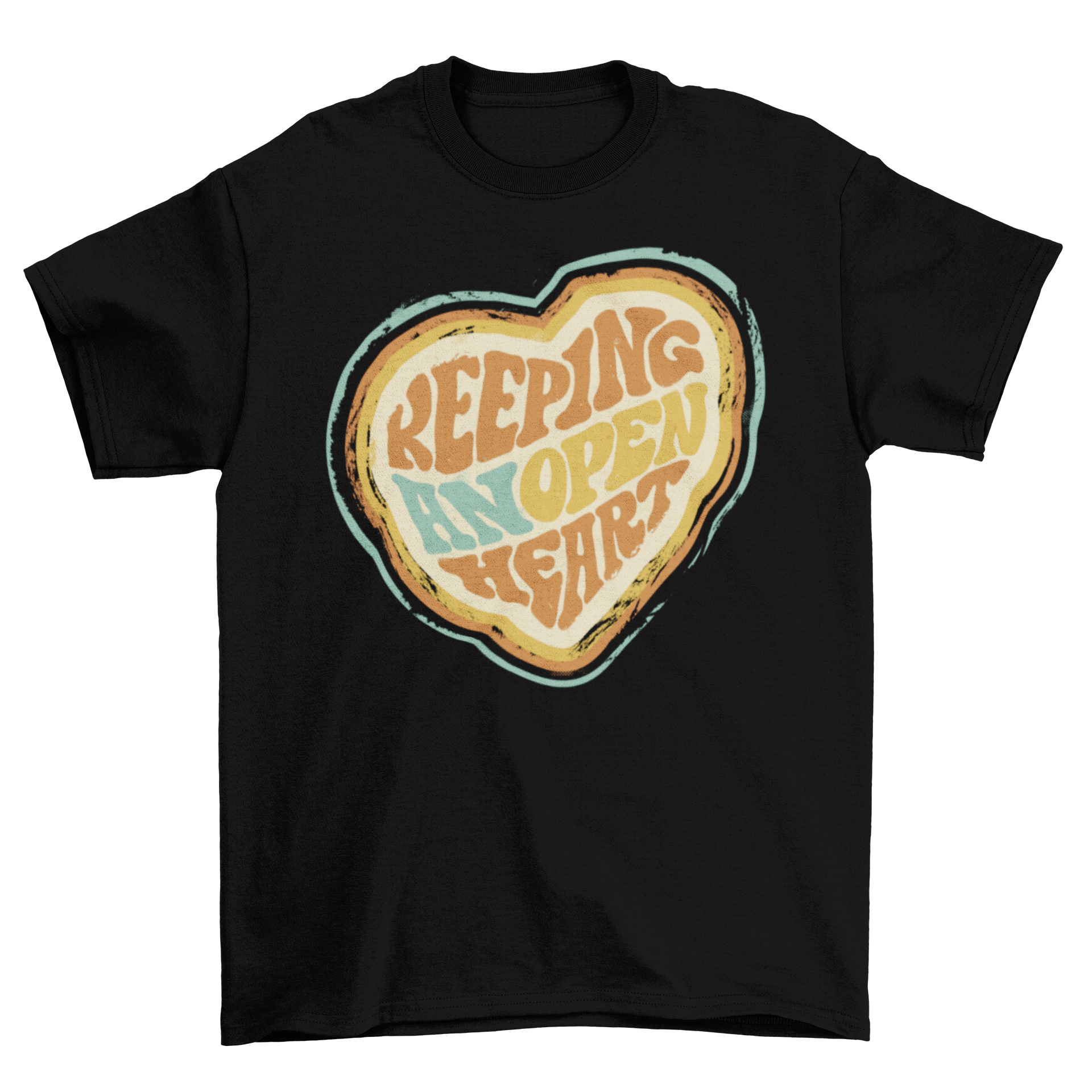 Open Heart Retro Quote T-Shirt featuring a heart graphic and retro lettering with the quote 'Keeping an open heart'.