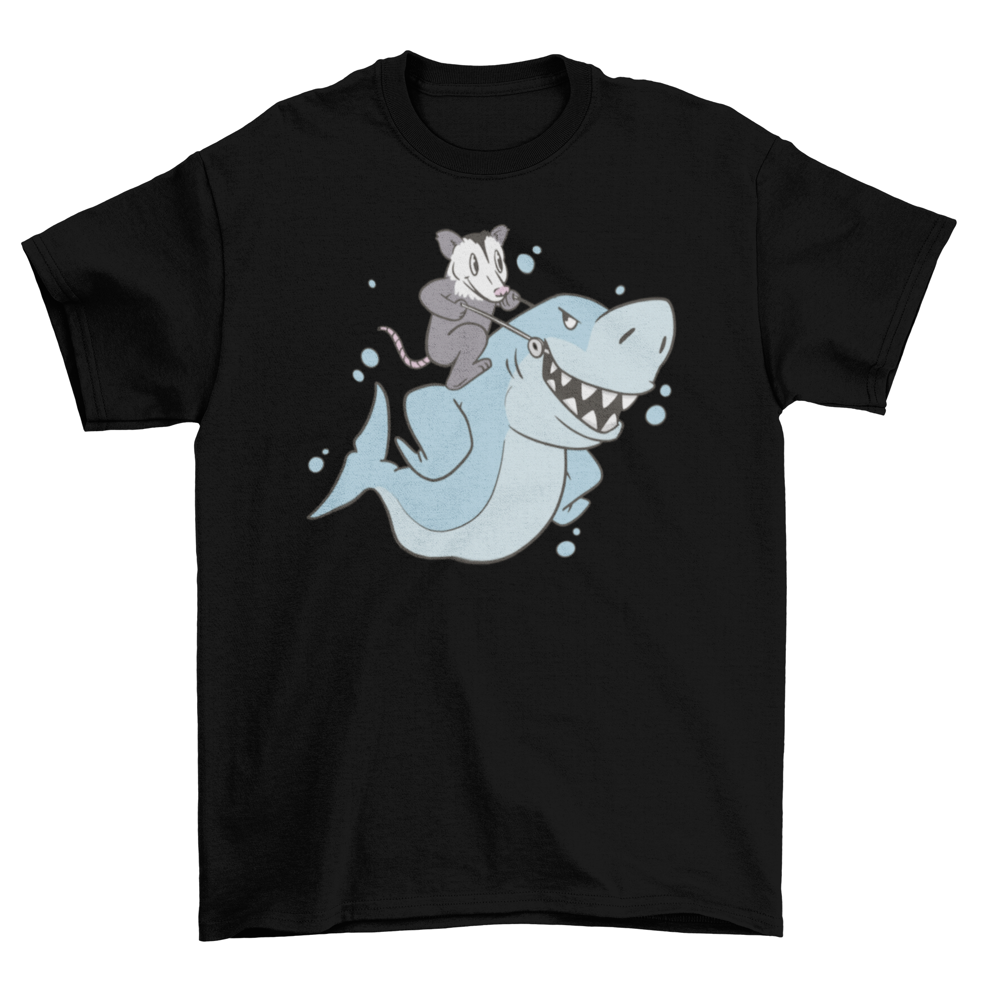 A humorous t-shirt featuring an opossum riding a shark, showcasing a playful and unique design.