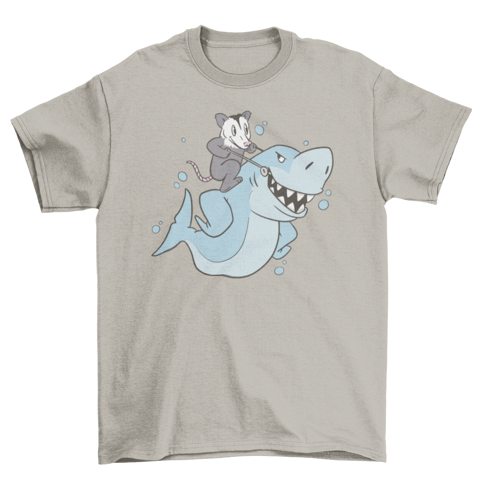 A humorous t-shirt featuring an opossum riding a shark, showcasing a playful and unique design.