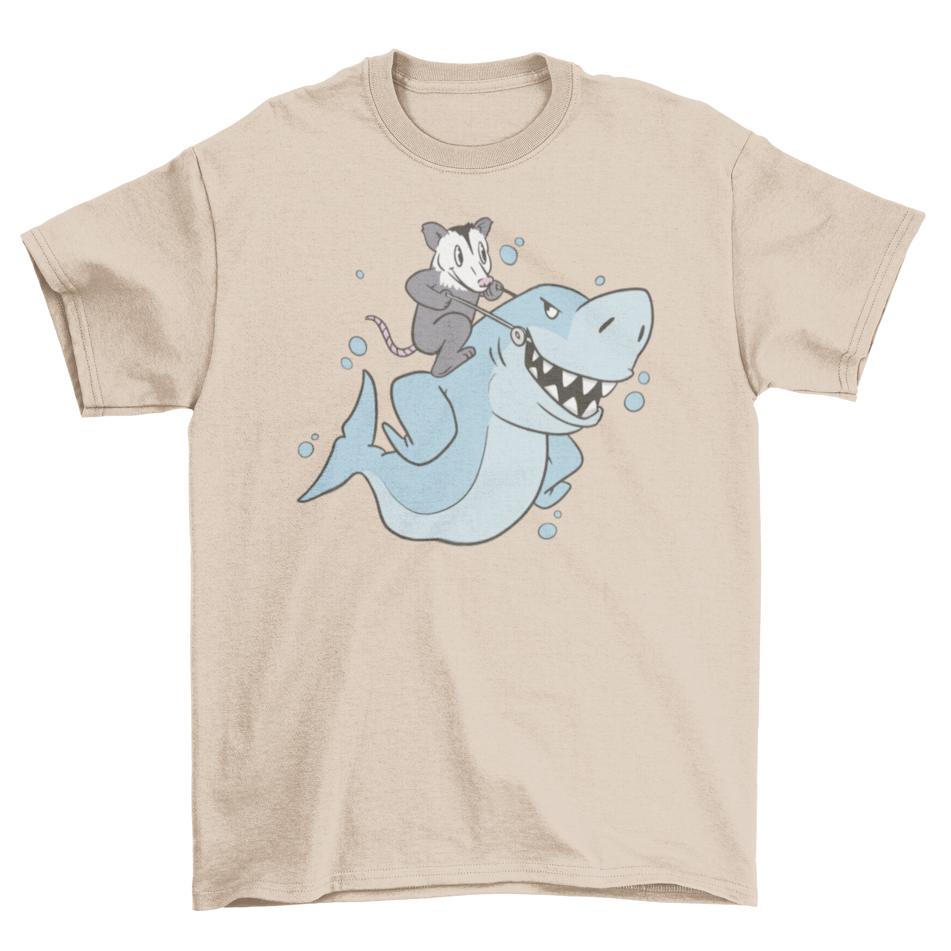 A humorous t-shirt featuring an opossum riding a shark, showcasing a playful and unique design.