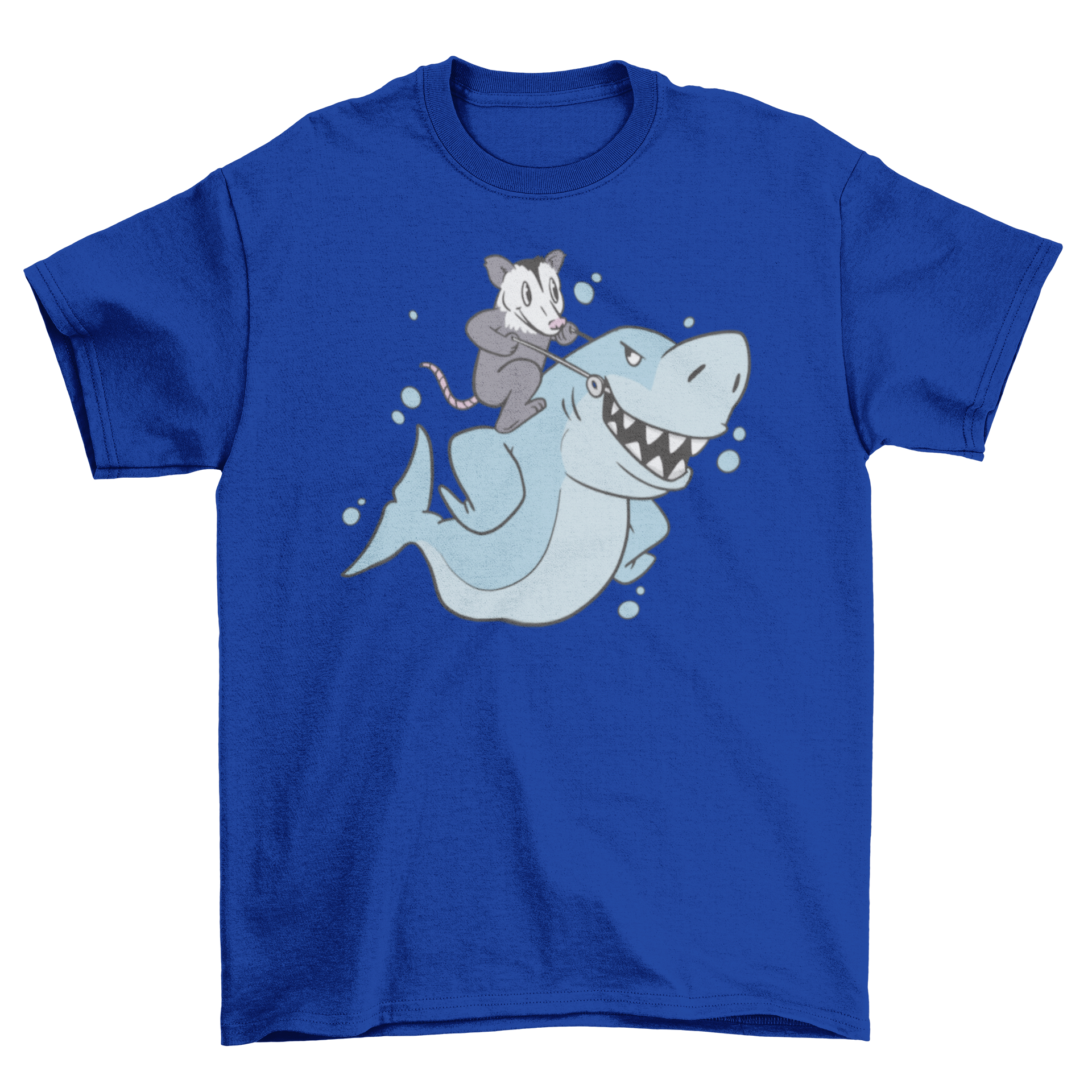 A humorous t-shirt featuring an opossum riding a shark, showcasing a playful and unique design.