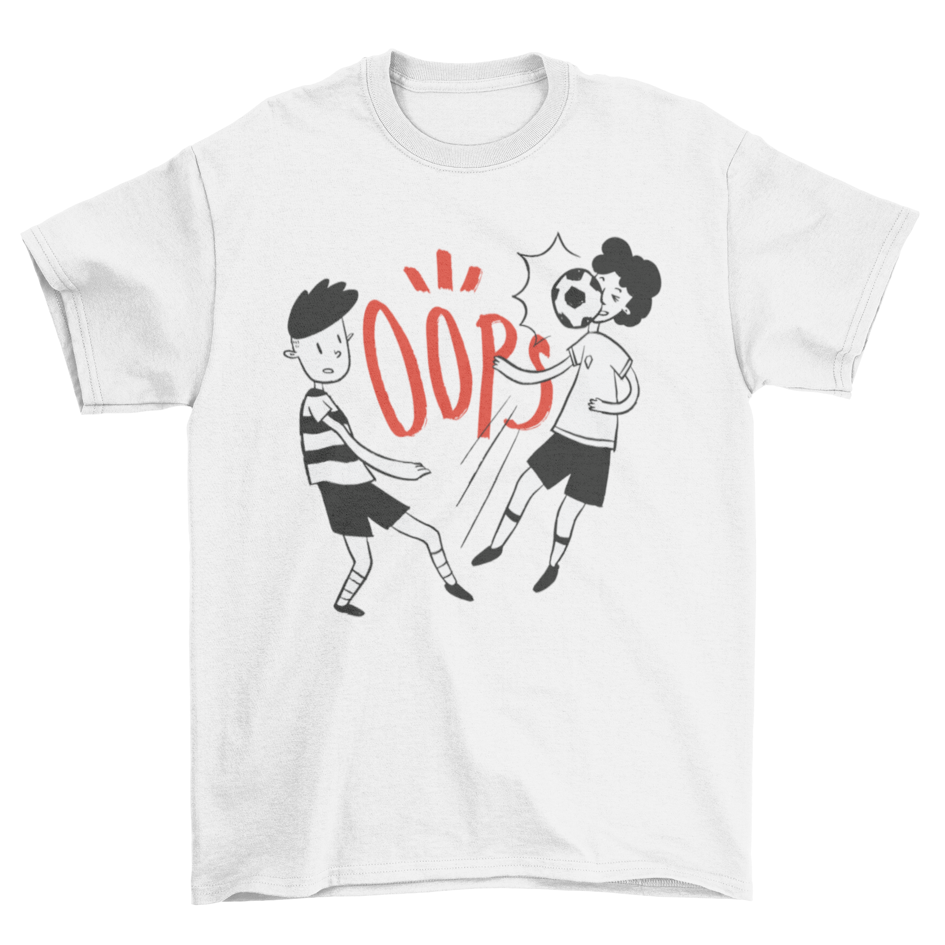 A playful t-shirt design featuring a boy kicking a soccer ball towards another boy's face with the word 'Oops' printed above.