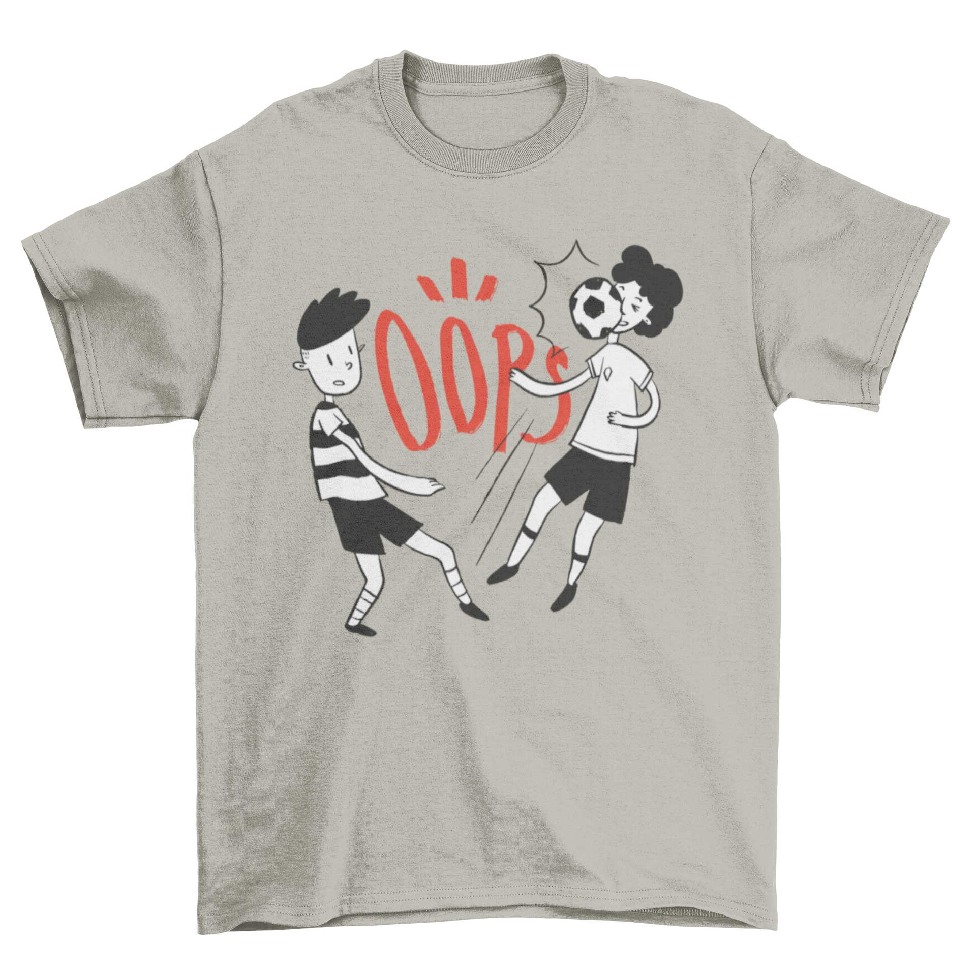 A playful t-shirt design featuring a boy kicking a soccer ball towards another boy's face with the word 'Oops' printed above.