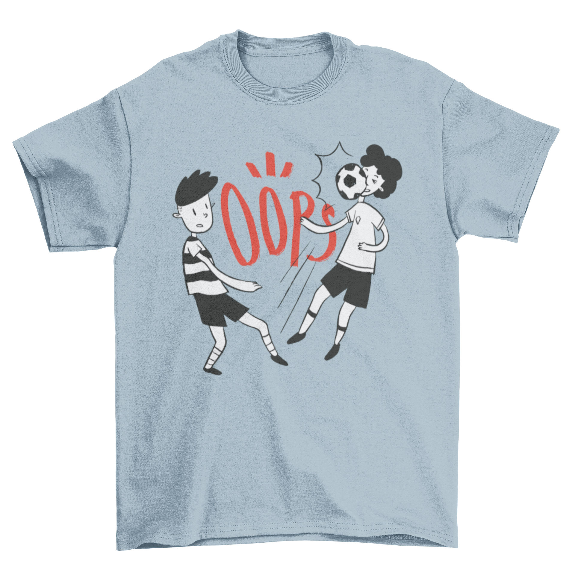 A playful t-shirt design featuring a boy kicking a soccer ball towards another boy's face with the word 'Oops' printed above.