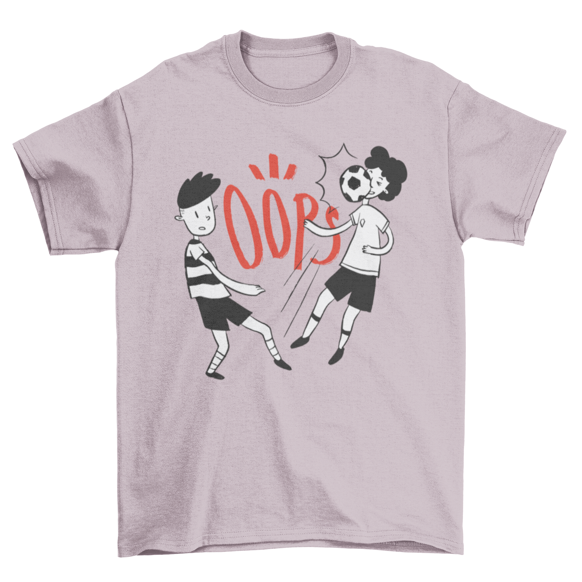 A playful t-shirt design featuring a boy kicking a soccer ball towards another boy's face with the word 'Oops' printed above.