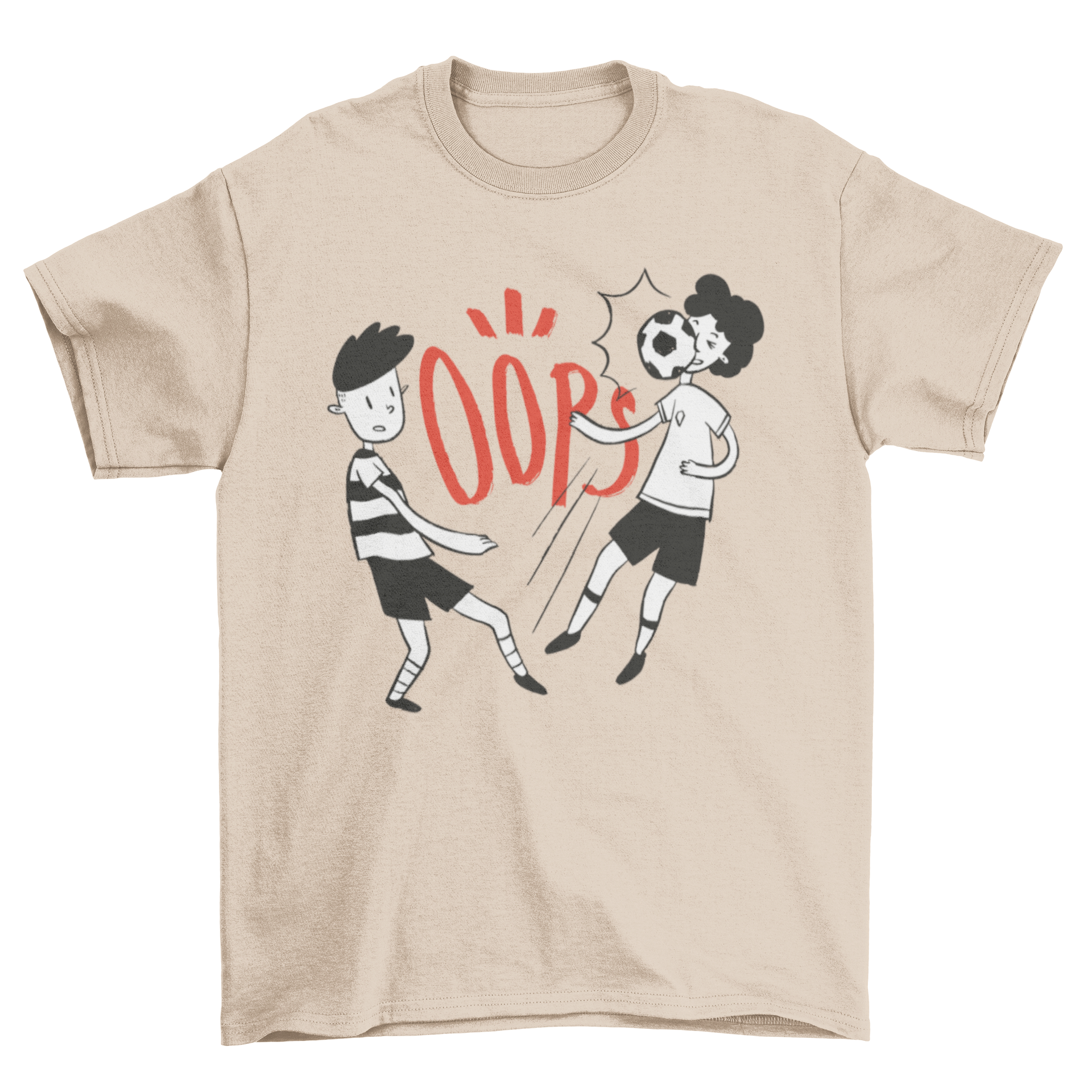 A playful t-shirt design featuring a boy kicking a soccer ball towards another boy's face with the word 'Oops' printed above.