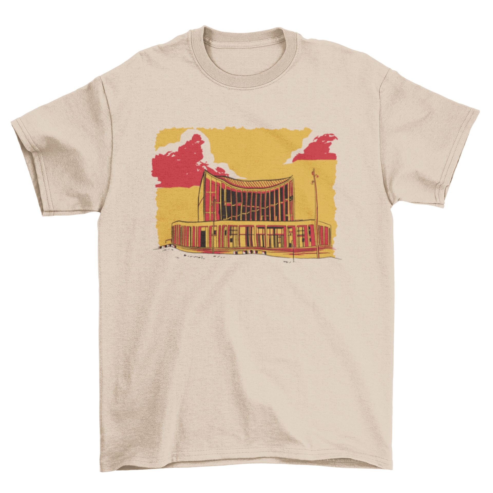 A stylish Orange Building Sketch T-shirt featuring a detailed sketch of an orange building, perfect for art lovers.